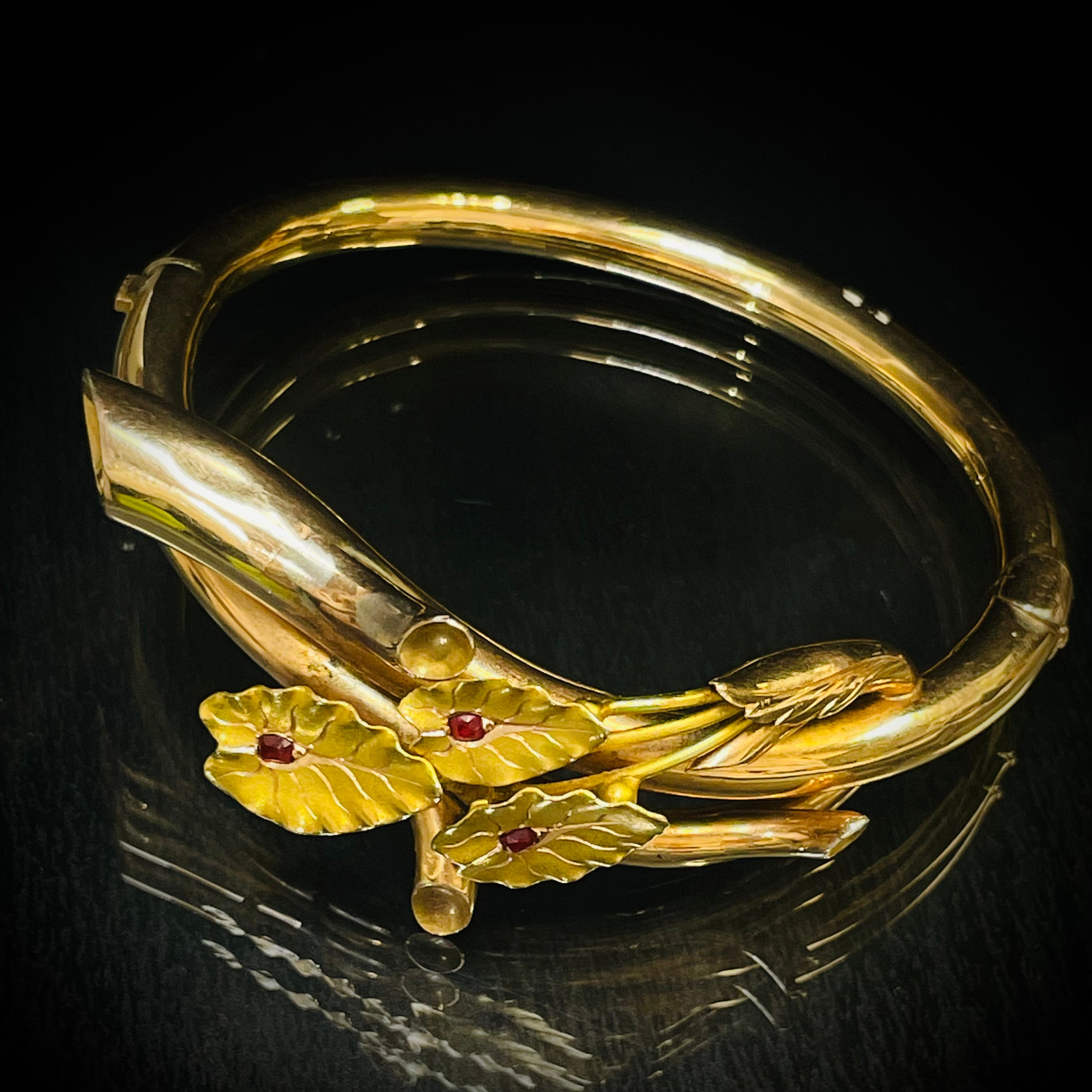 Antique 18K French Rose and Yellow Gold Burma Ruby Bangle Bracelet