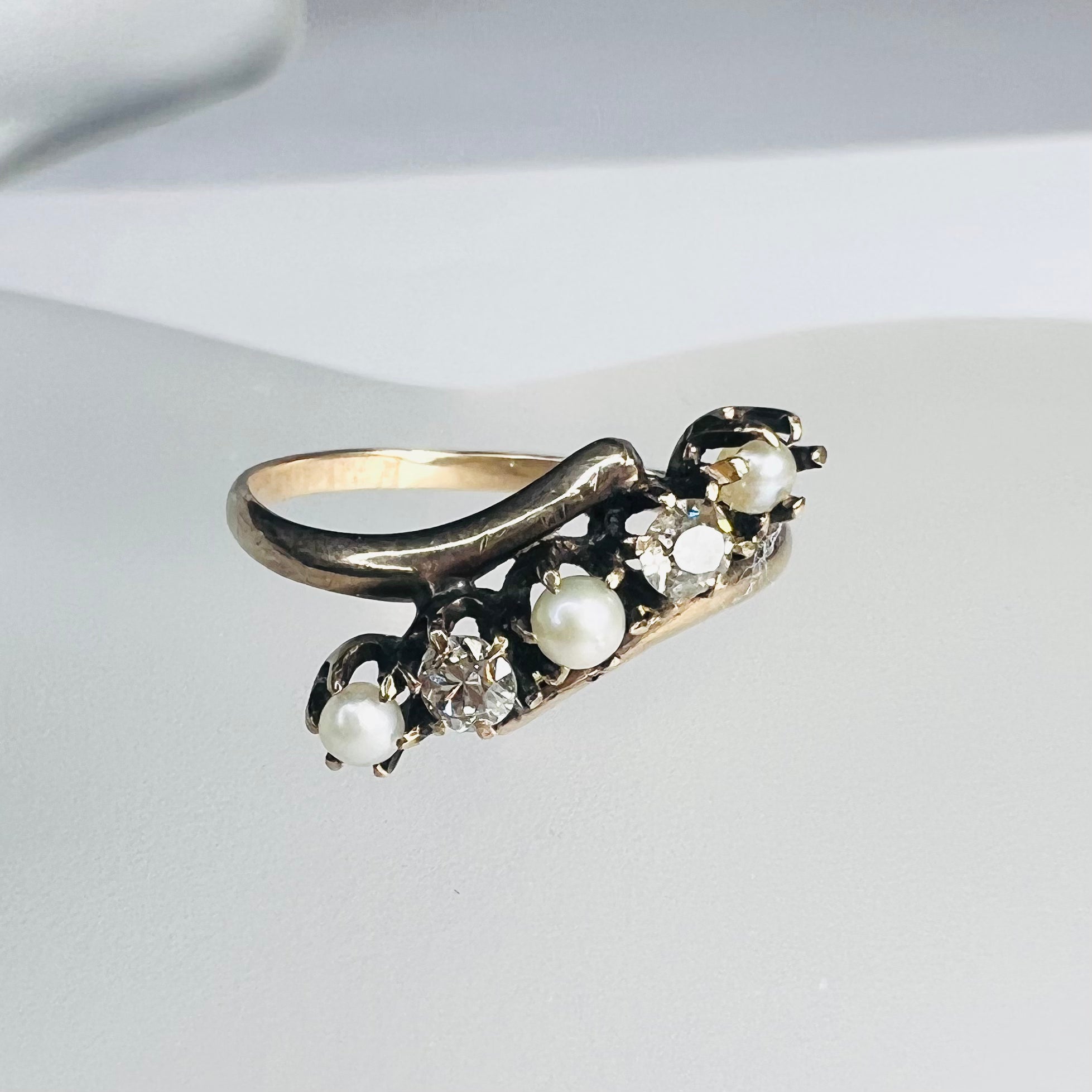 Antique 10K Rose Gold Pearl and Diamond Bypass Band Ring Size 5.25