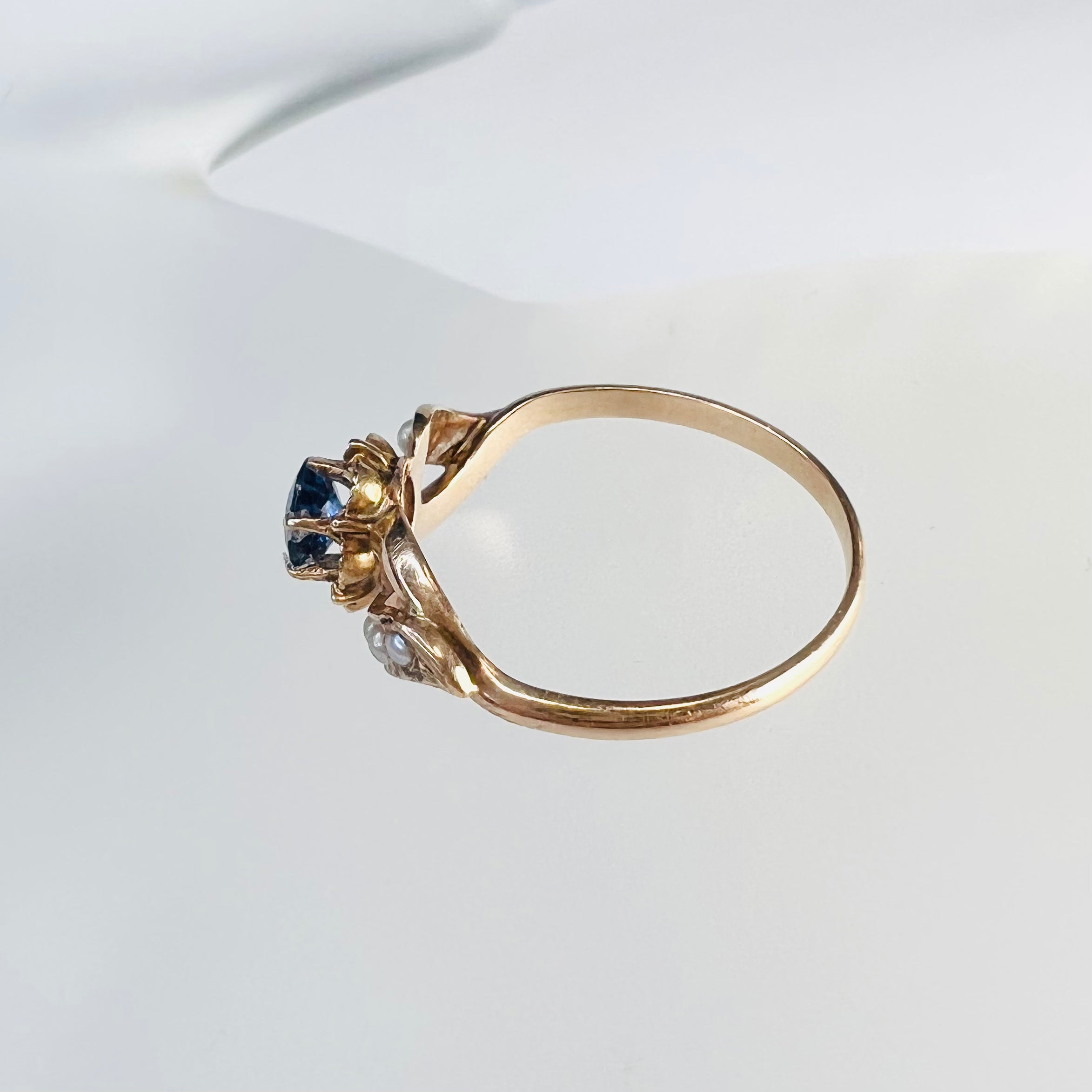 Antique 10K Rose Gold Sapphire and Pearl Ring Size 6.5