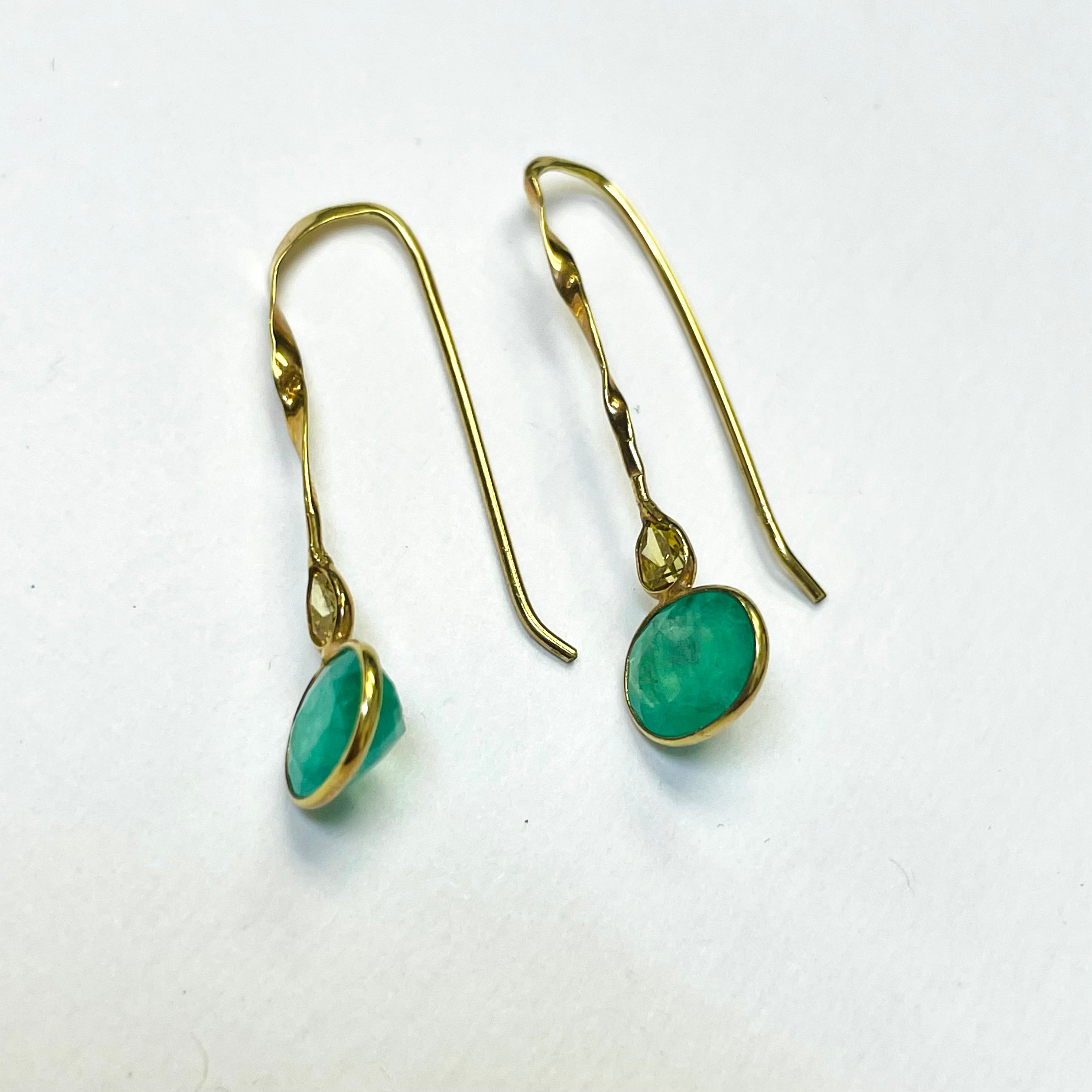 2.3CTEmerald and .24CT Yellow Diamond Twisted 14K Yellow Gold Drop Down Earrings