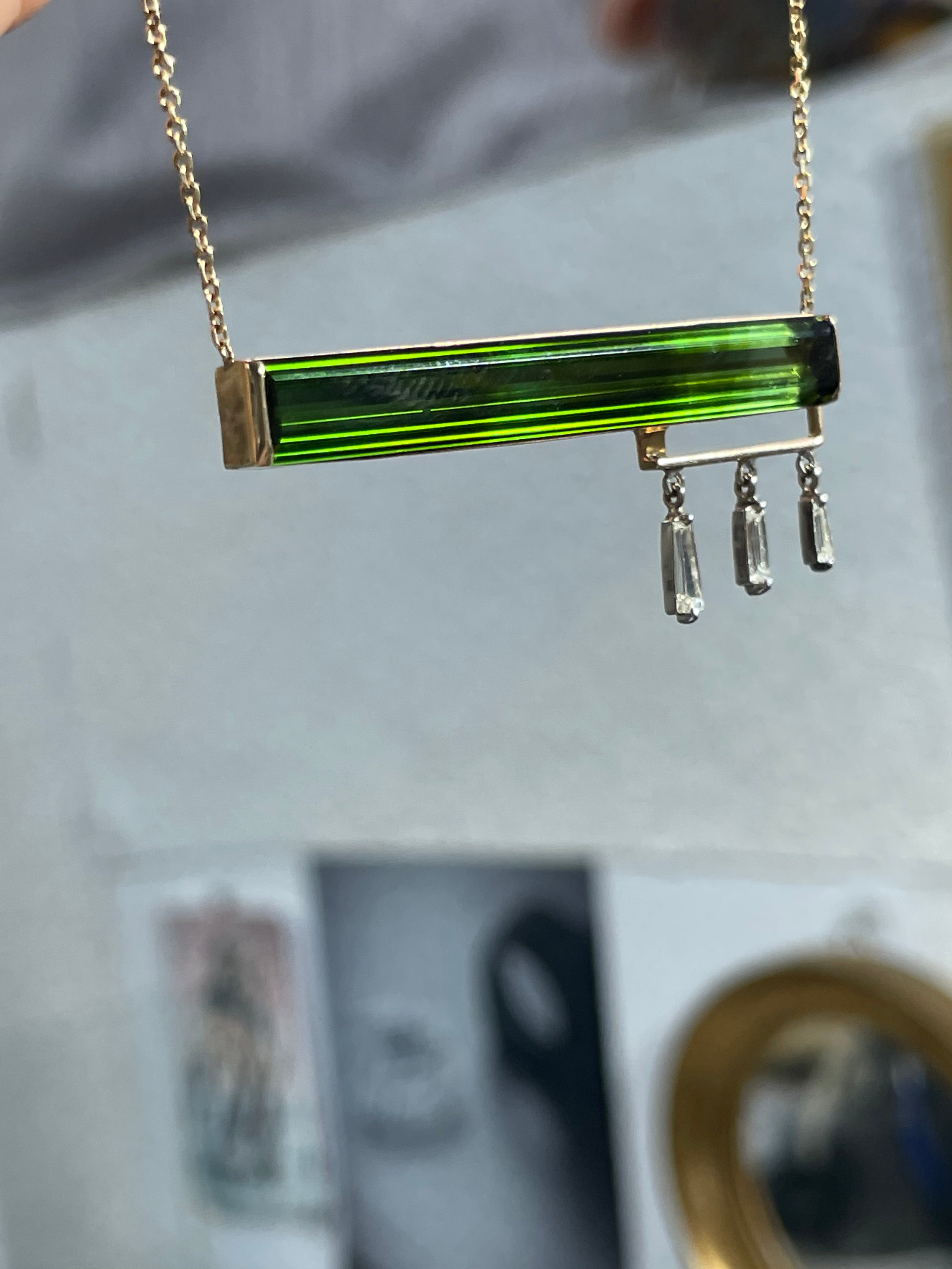 Long Tourmaline Baguette and Diamond 16" 14K Yellow Gold  Necklace