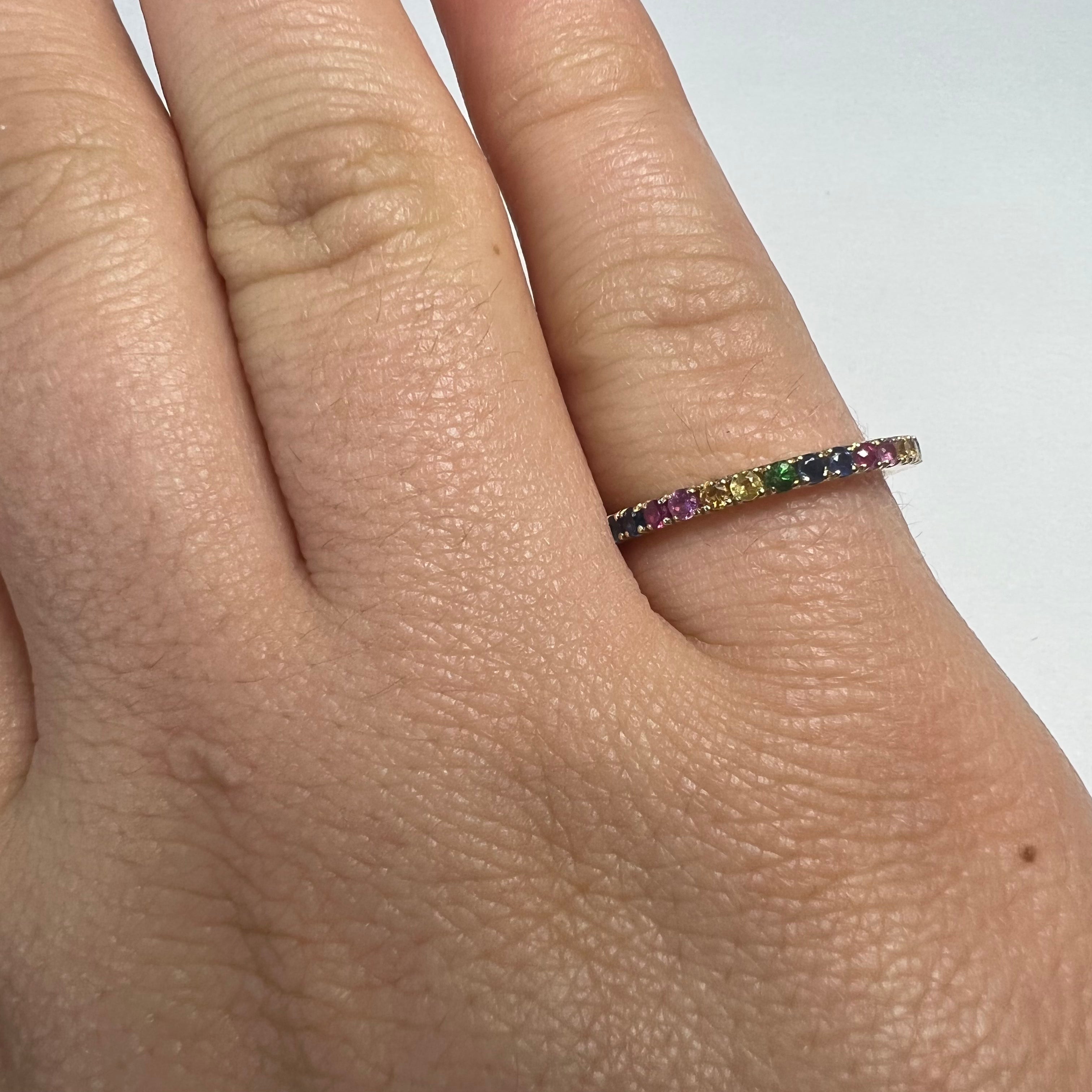 Solid 14K Yellow Gold Natural Rainbow Sapphire Eternity Ring Band Size 6.5