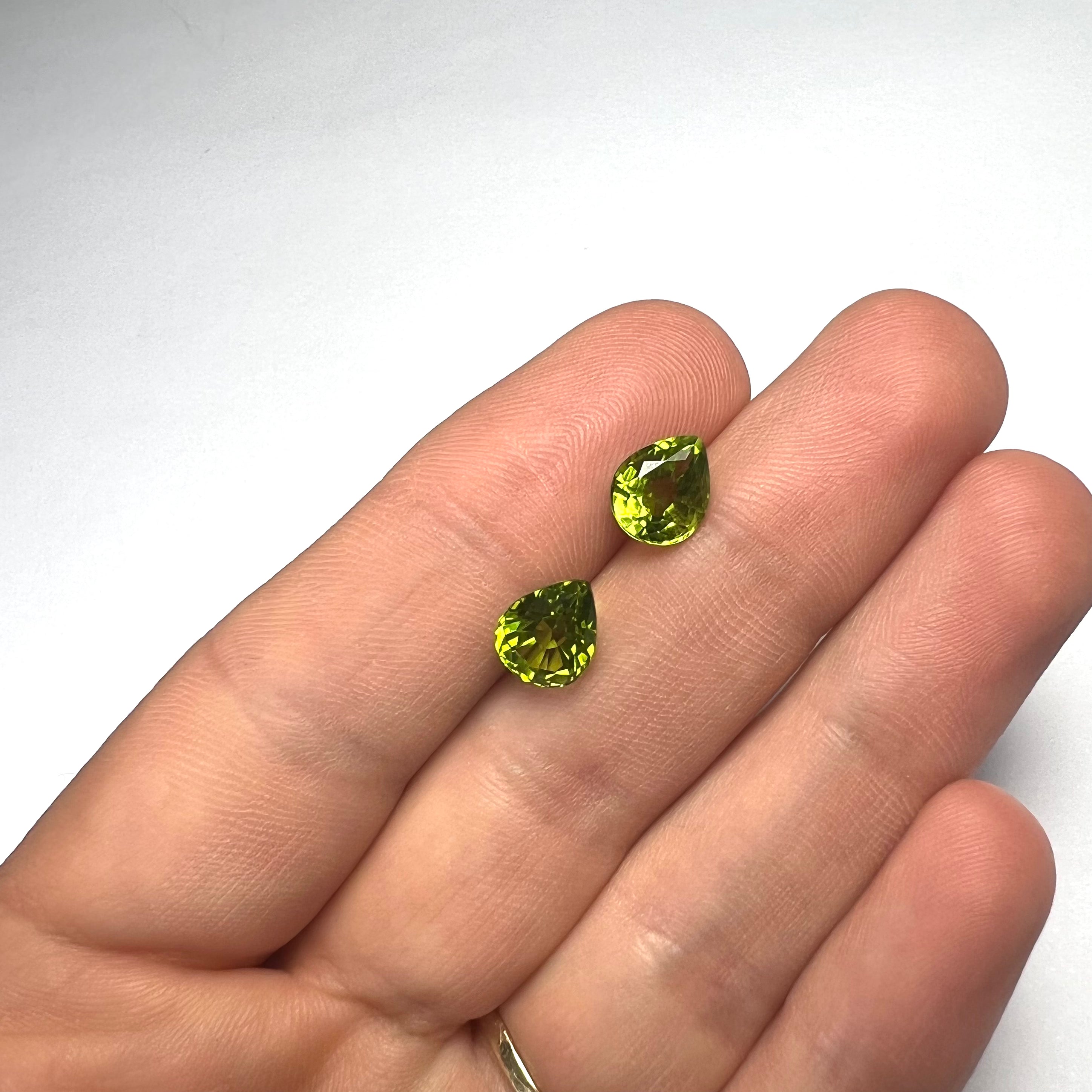 4.37CTW Pair of Loose Natural Pear Cut Peridot 8.60x7.05x5mm Earth mined Gemston