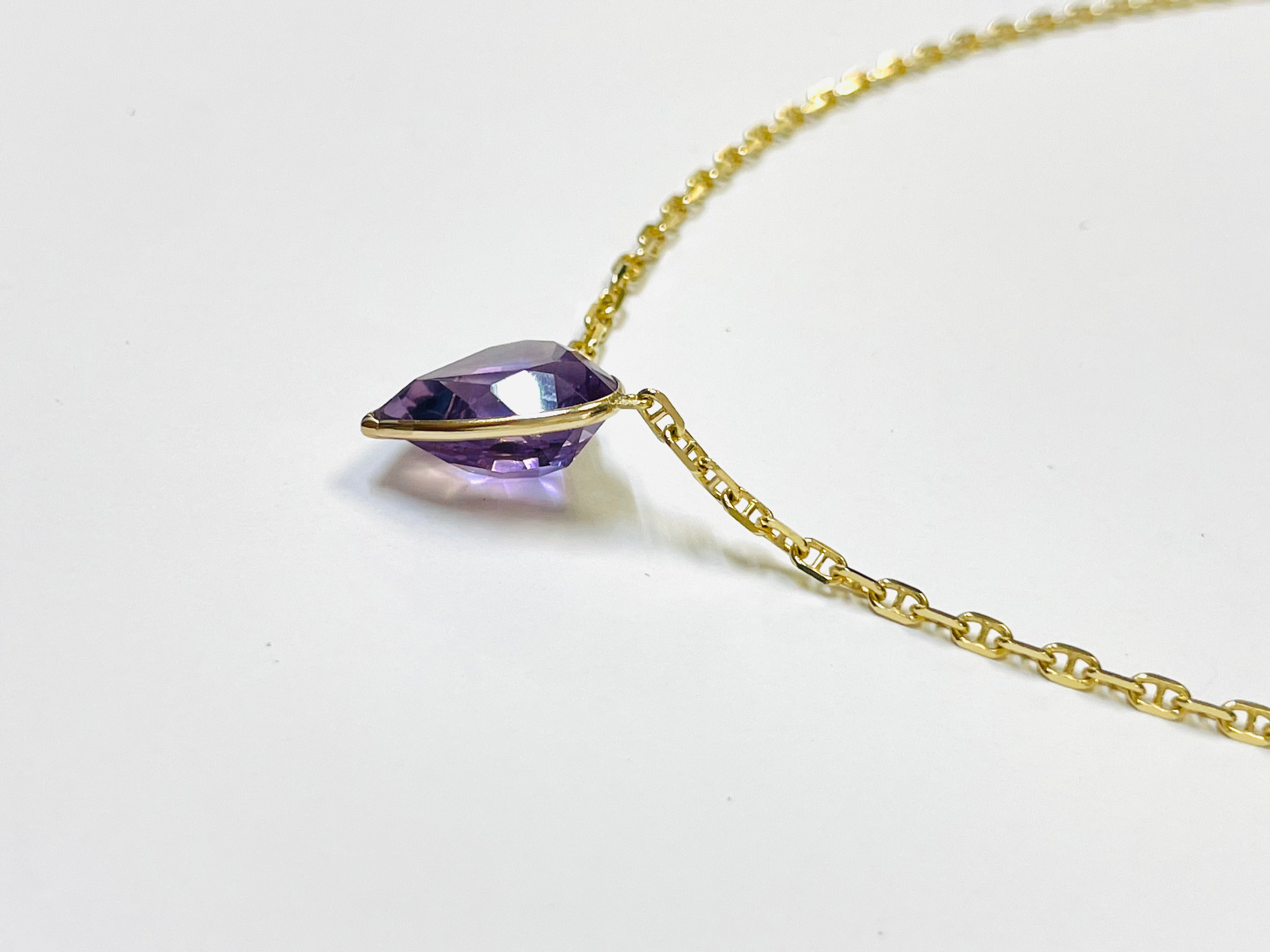 7CT Natural Amethyst Heart 14K Yellow Gold Necklace Anchor Link Chain Necklace