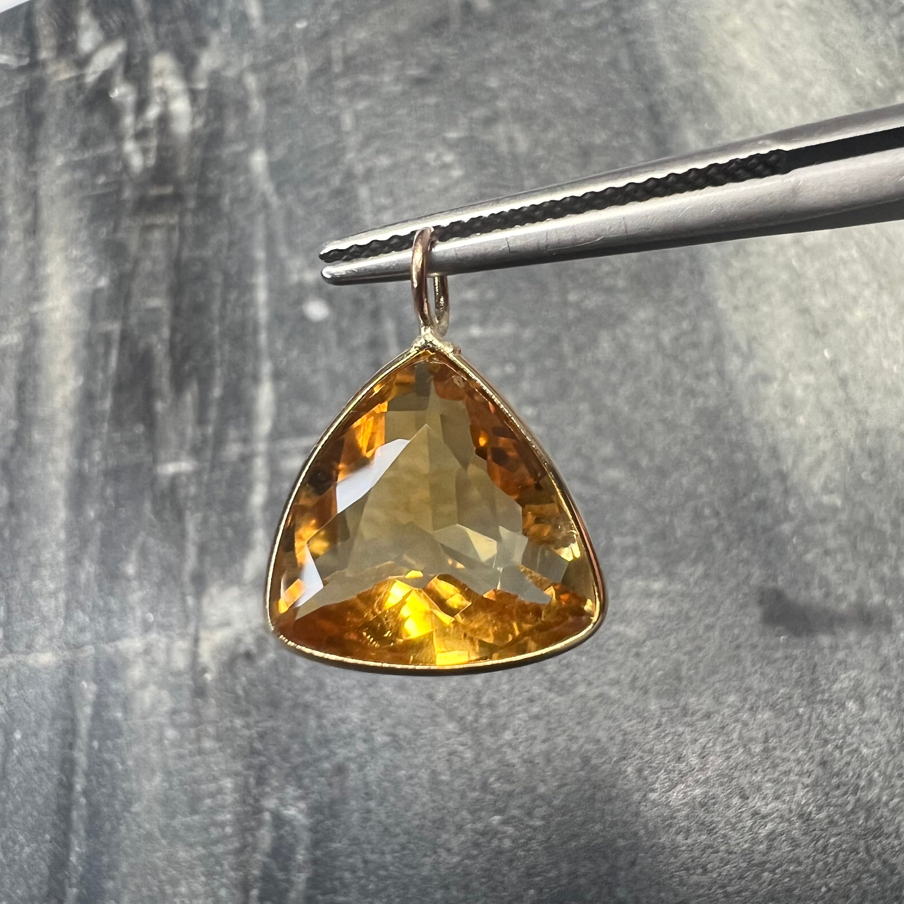 5CT Natural Trillion Cut Yellow Citrine 14K Yellow Gold Pendant Charm 11.5x13mm