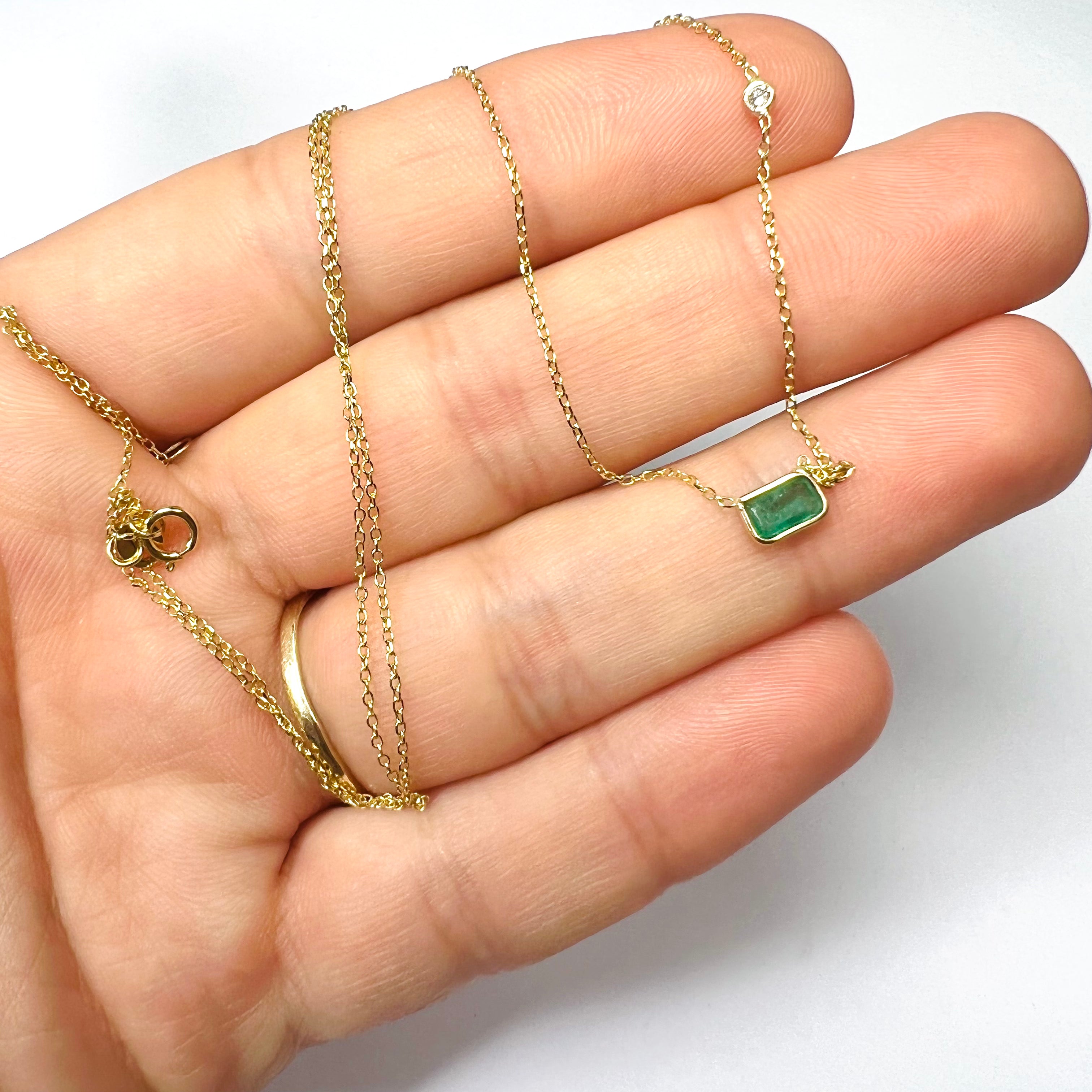 Emerald & Diamond 18"-16" 14K Yellow Gold Cable Chain Necklace