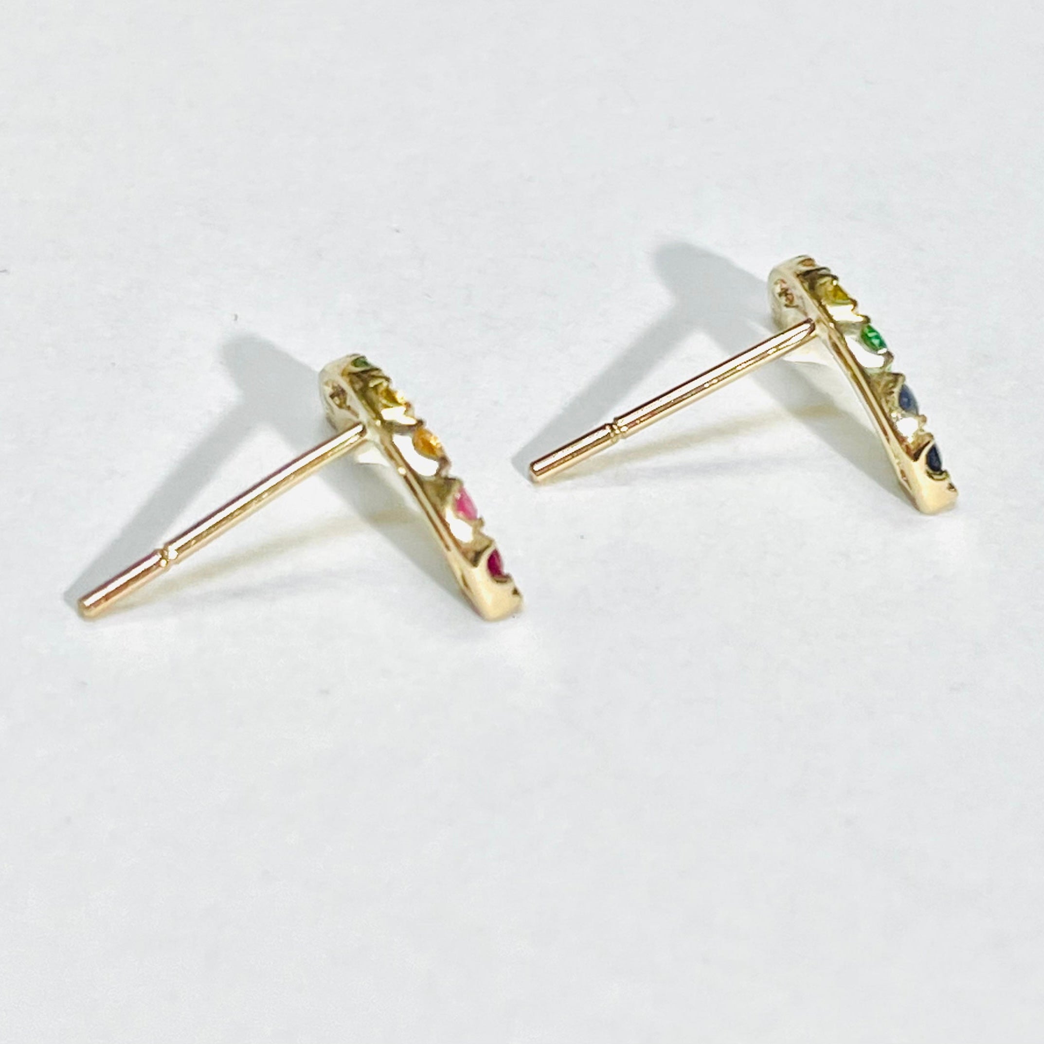 Natural Sapphire 14K Yellow Gold Rainbow Earrings Multi Stone 12x4mm