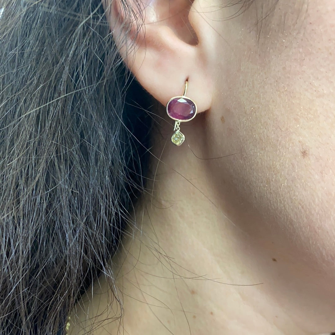 Oval Pink Tourmaline Yellow Cushion Diamond Solid 14K Yellow Gold Dangling Earrings
