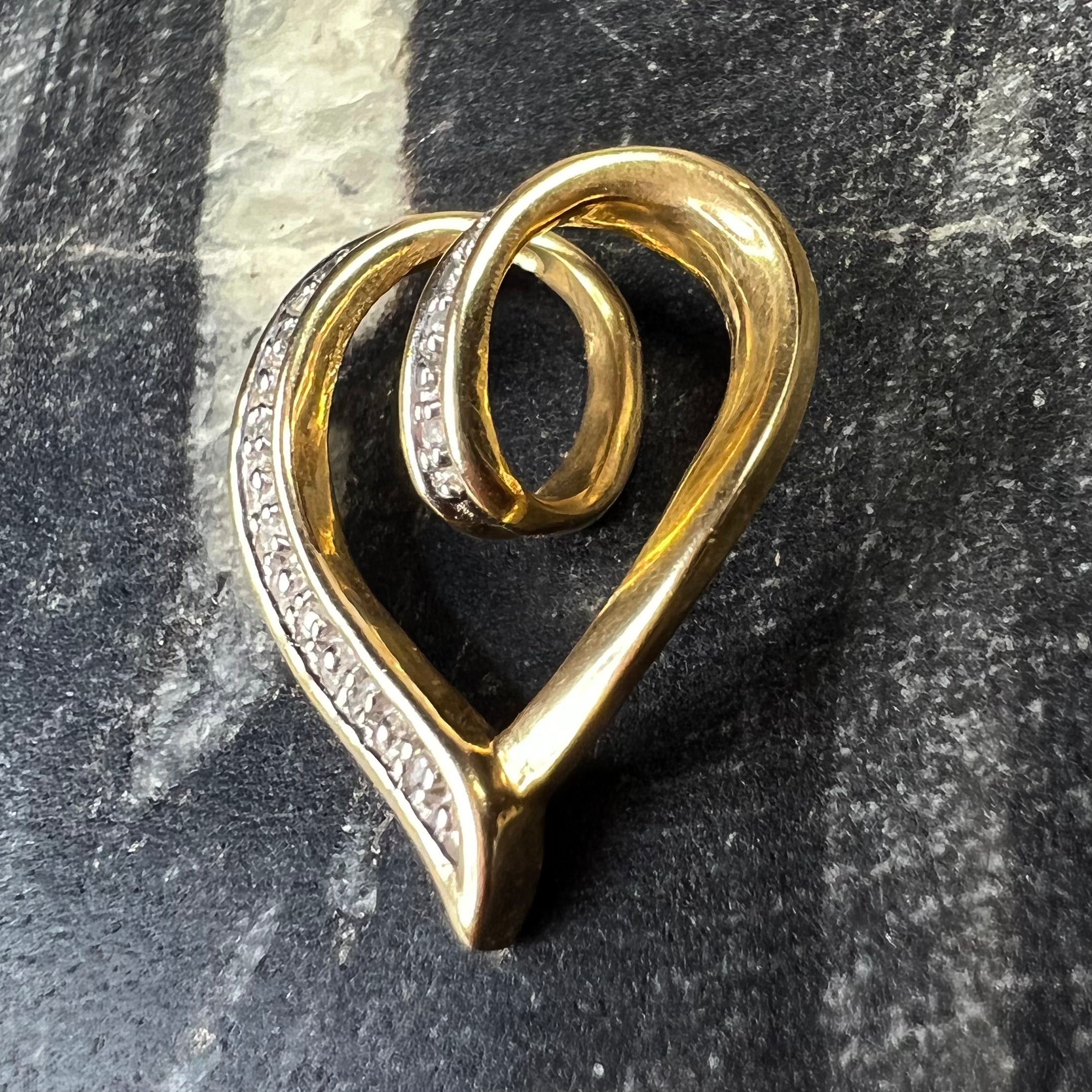 Solid 10K Yellow Gold Diamond Pave Heart Pendant Slide .87"