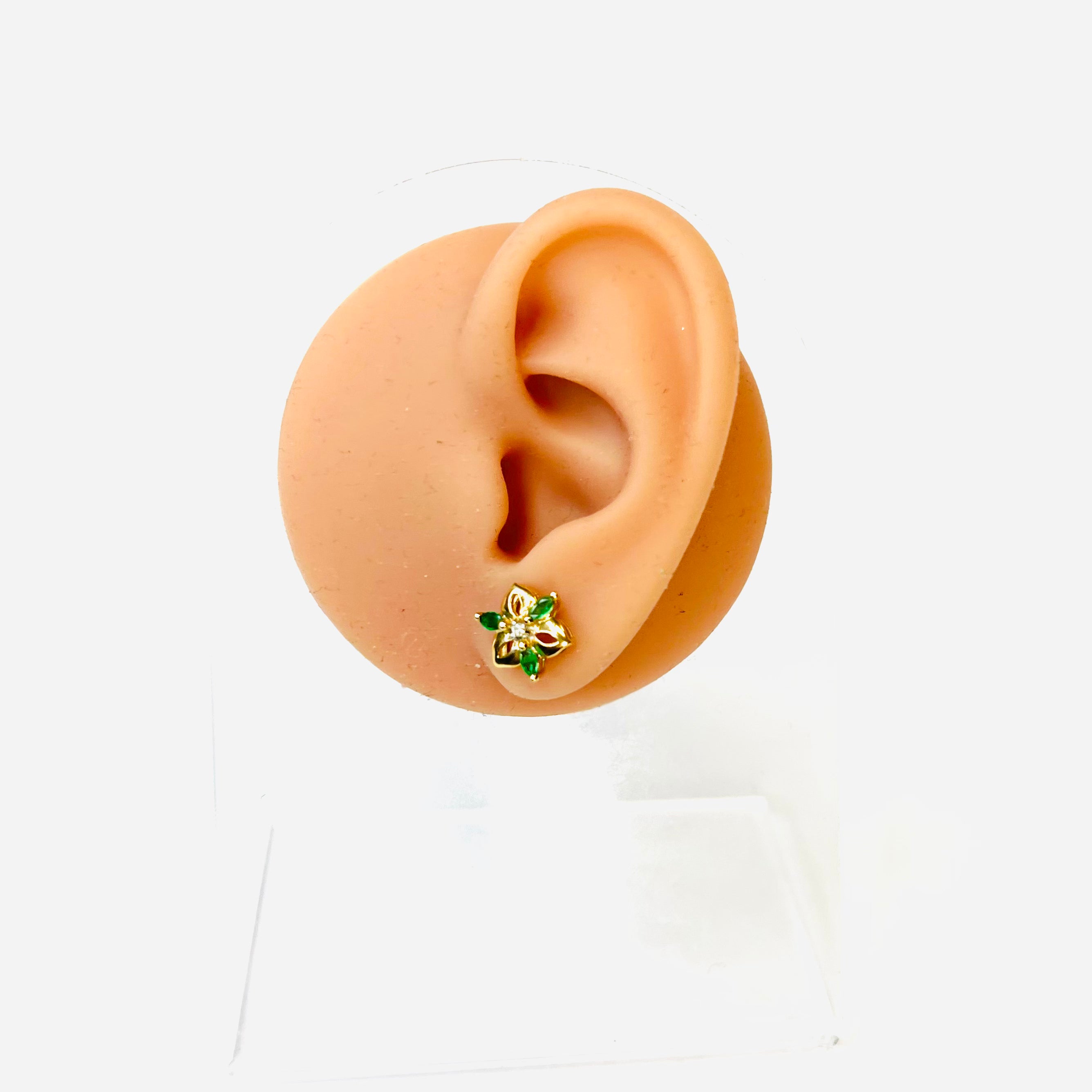14K Yellow Gold Marquise Emerald & Diamond Flower Earring Pushback Studs 12x12mm