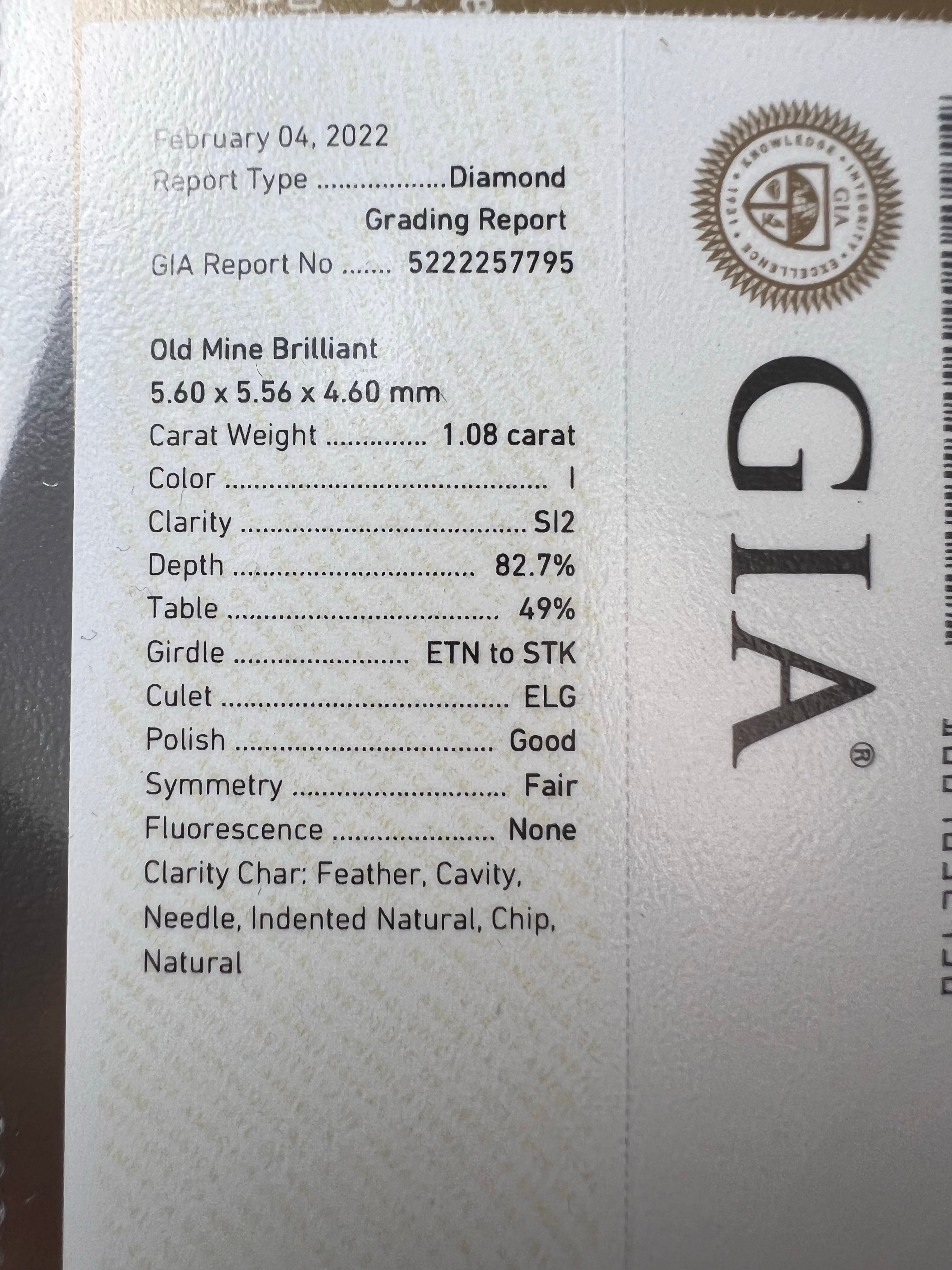 1.08CT Old Mine Brilliant Cut Diamond I SI2 5.60x5.56x4.60mm Natural Earth mined