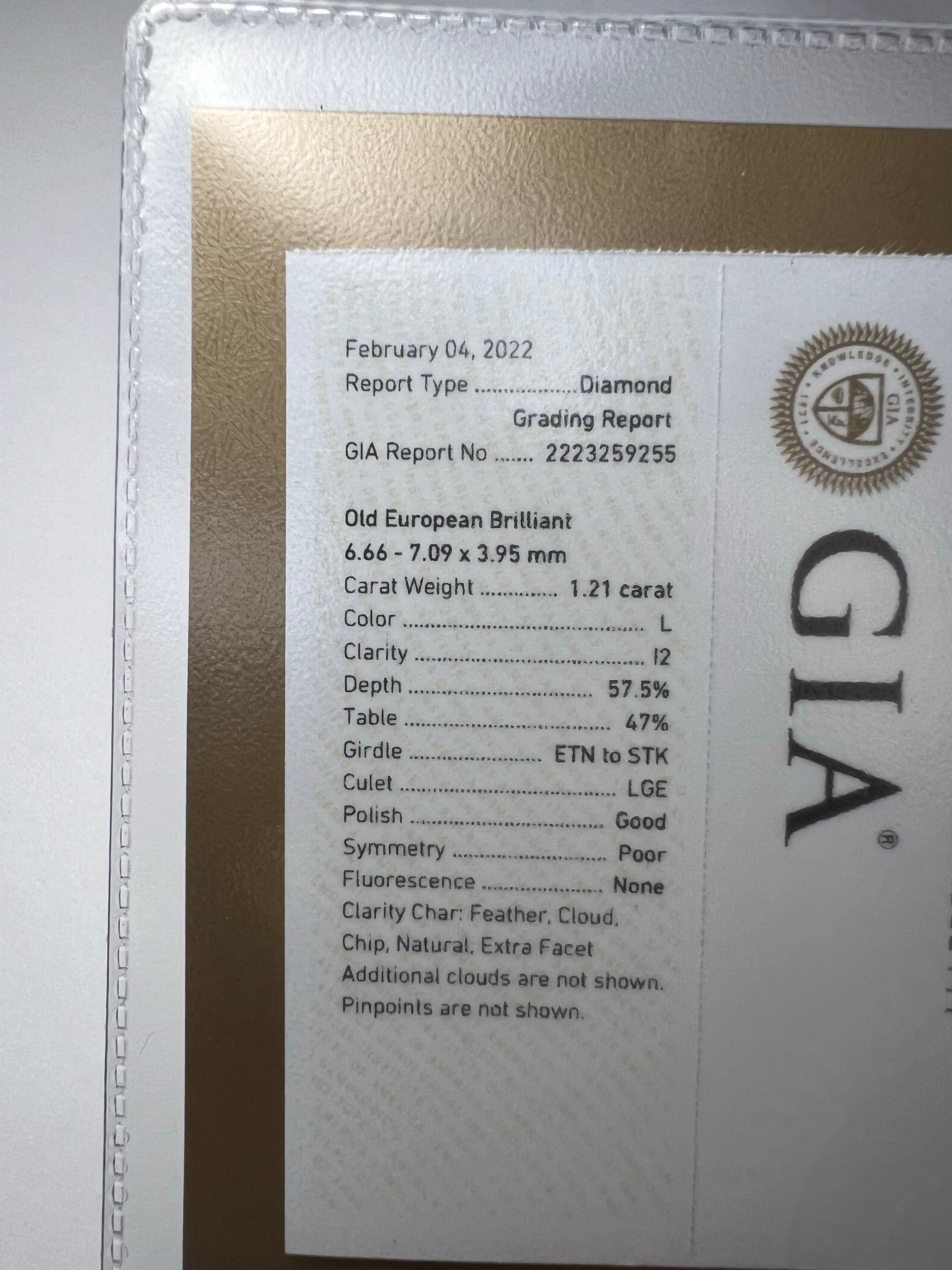 1.21CT Old European Cut Diamond L I2 6.66x7.09x3.95mm Natural Earth mined