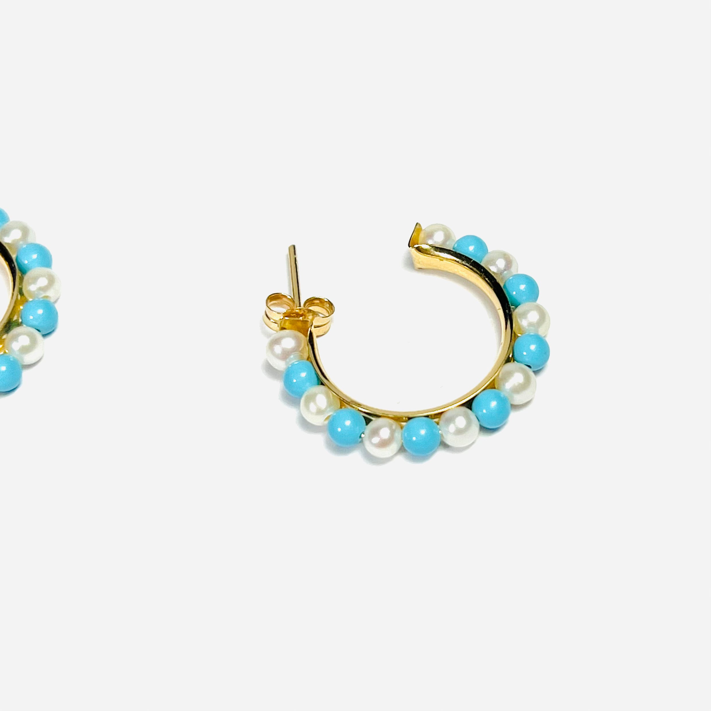 14K Yellow Gold Pearl & Turquoise Half Hoop Earring Studs .90"