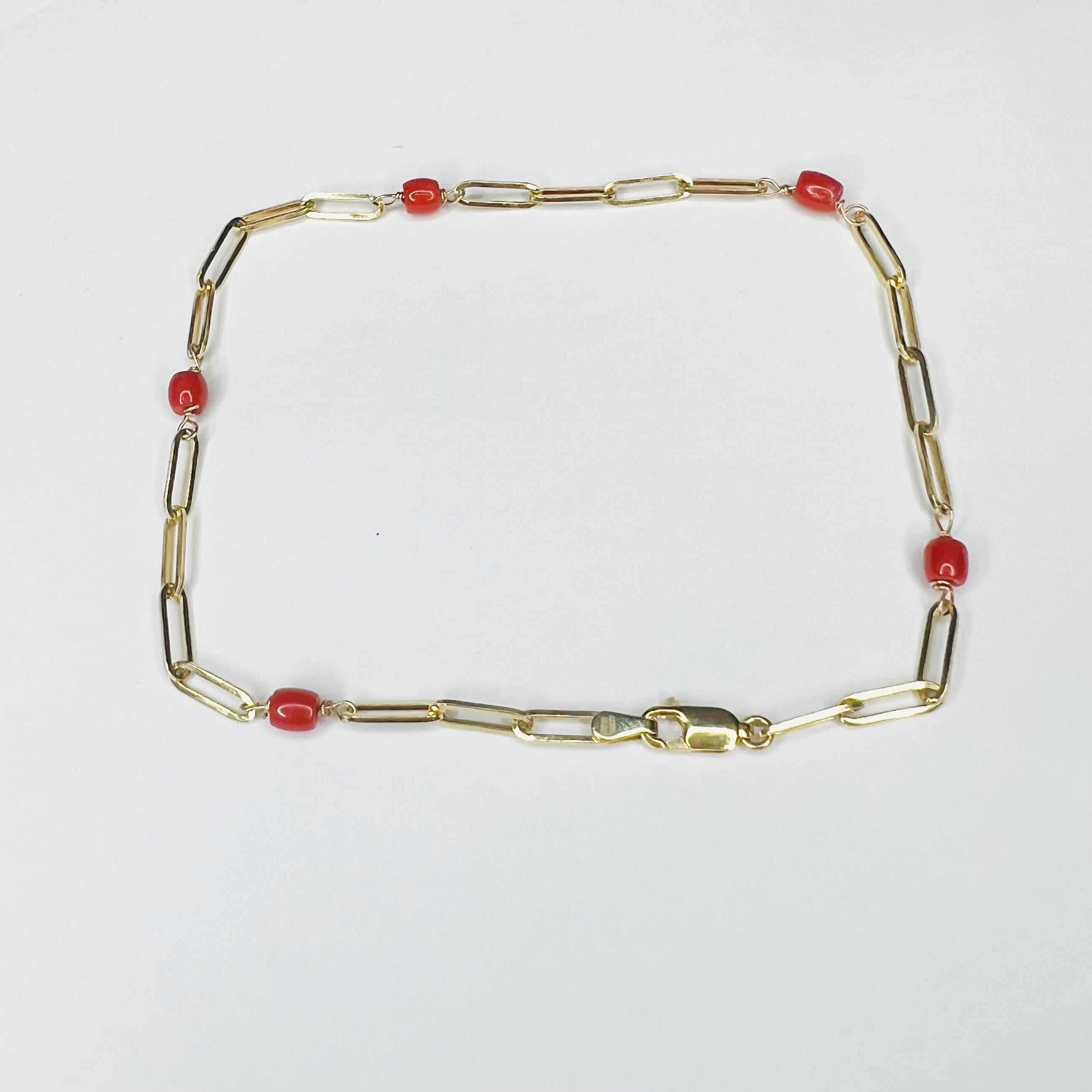 Solid 14K Yellow Gold Coral Beads Station Paperclip Anklet 10"