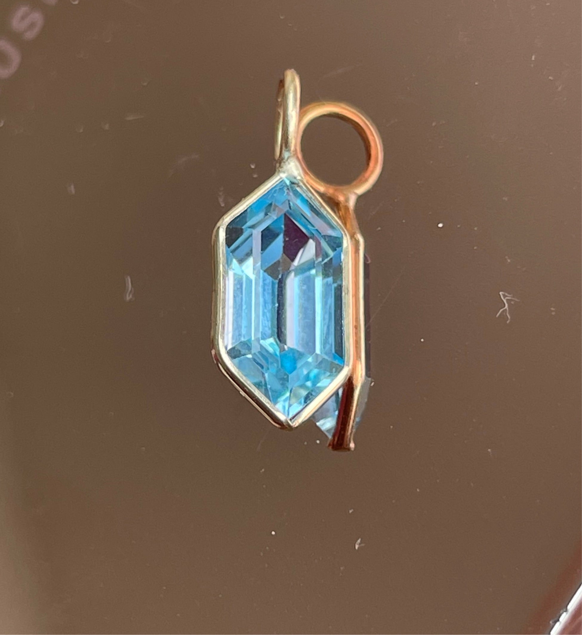Blue Hexagon Topaz 14K Yellow Gold Pendant Charm 14x6mm