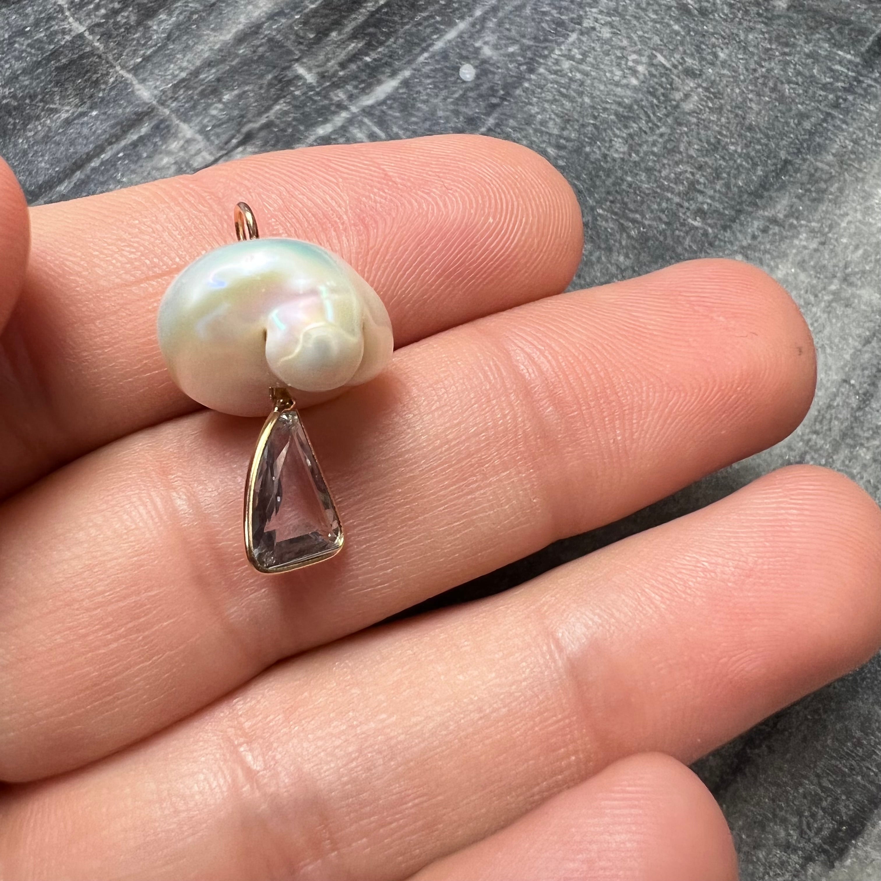 Natural Amethyst and Pearl Mushroom 14K Yellow Gold Pendant Charm 22x15mm
