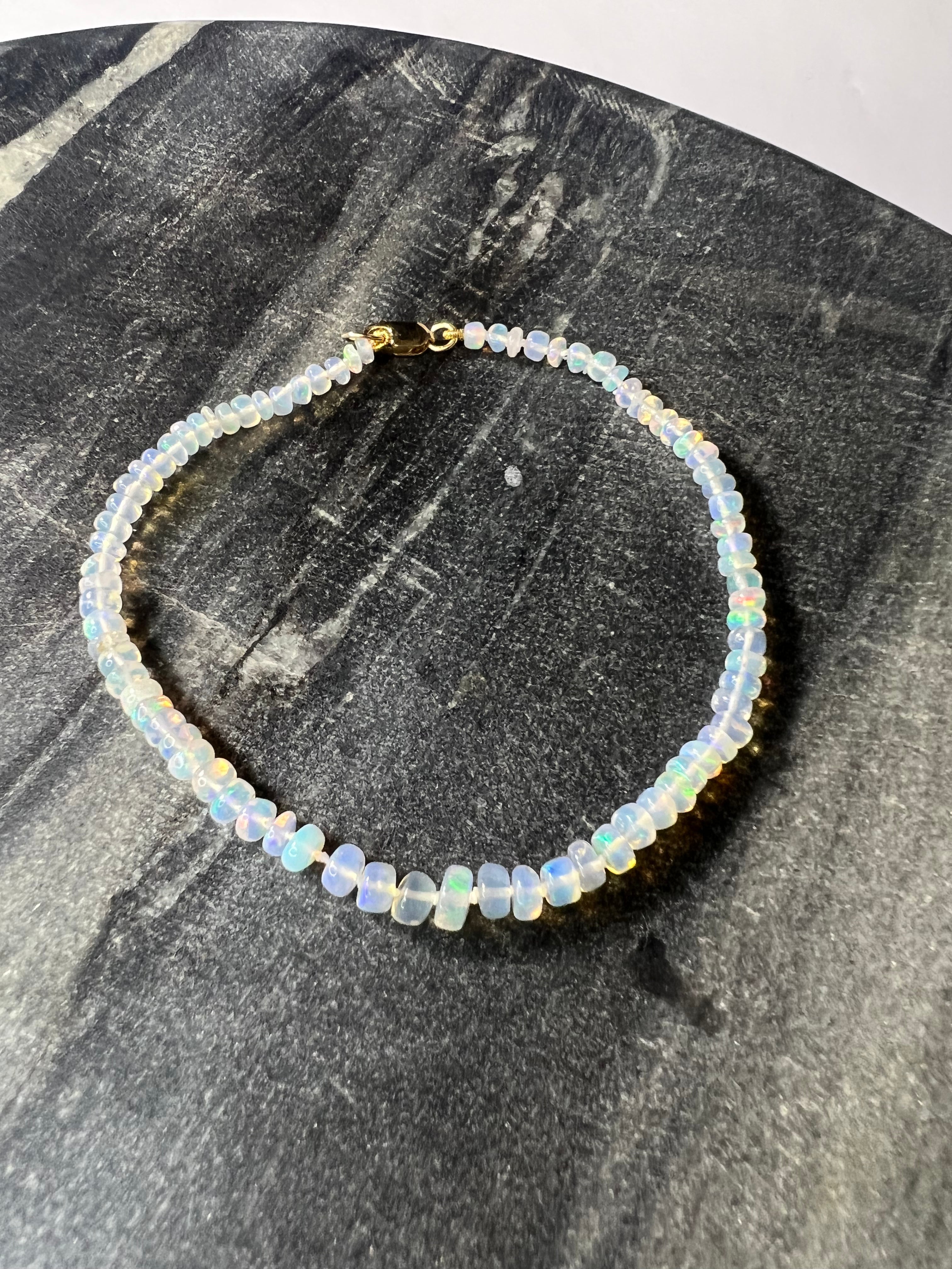 White Opal Beaded Bracelet 14K Gold 7.5"