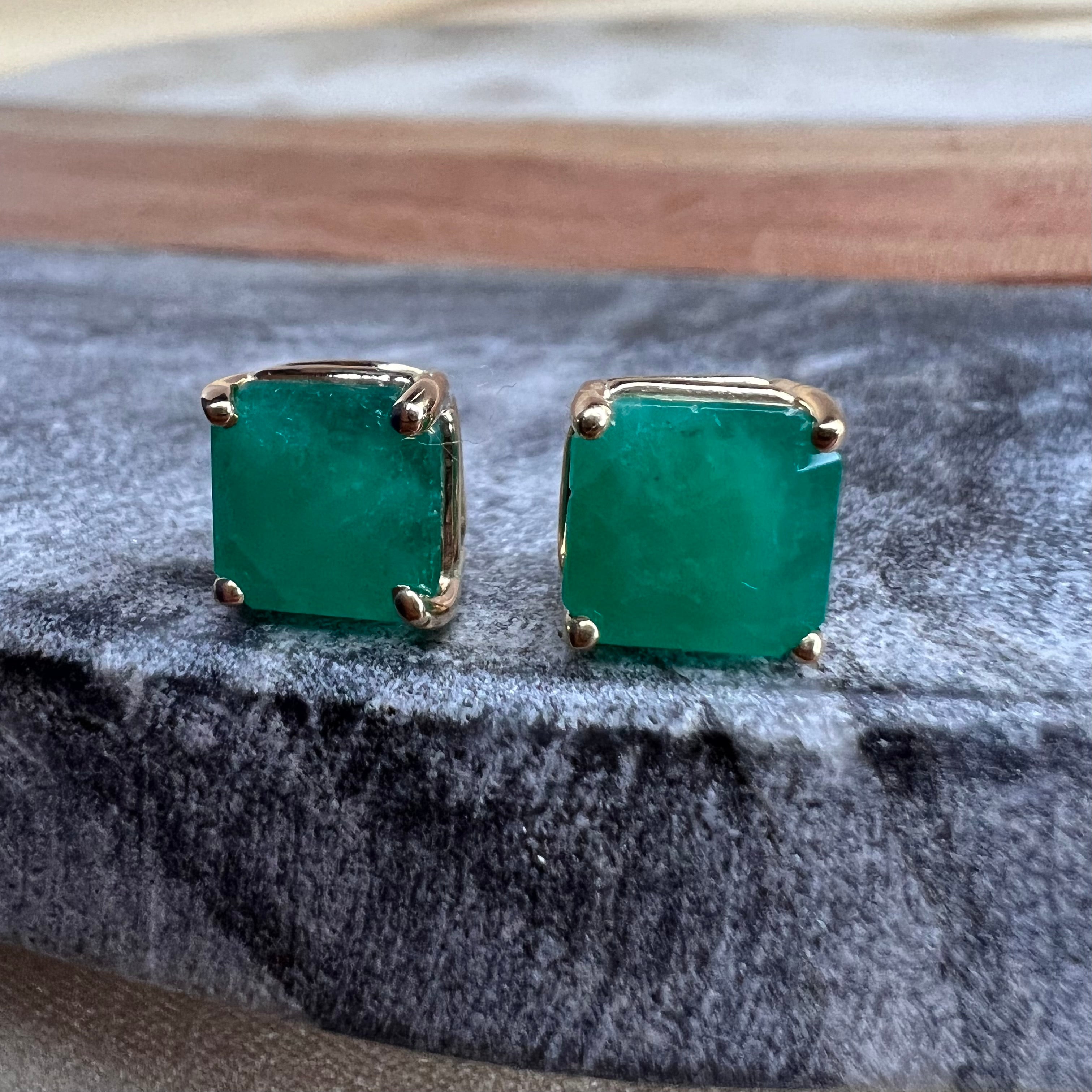 4CT Colombian Emerald  14K Yellow Gold Stud Earrings