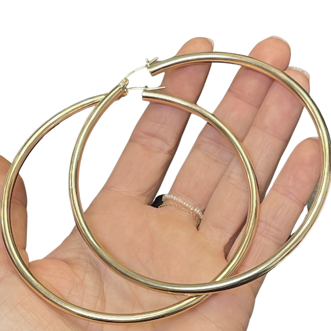 Beautiful New 14K Solid Yellow Gold Hoop Earrings 3.6"