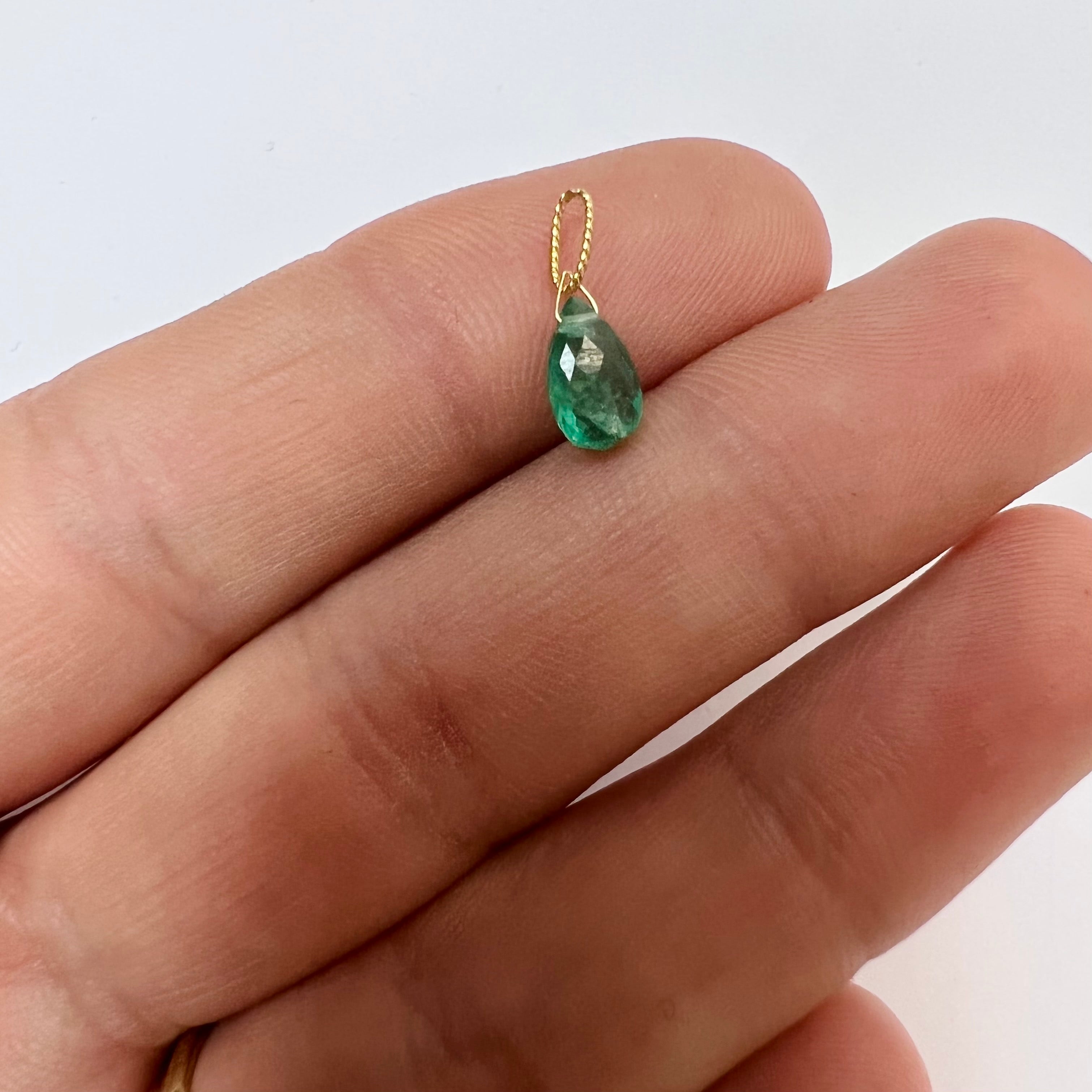 1CT Solid 14K Yellow Gold Briolette Emerald Twisted bail Charm 8x4.93x3.41mm