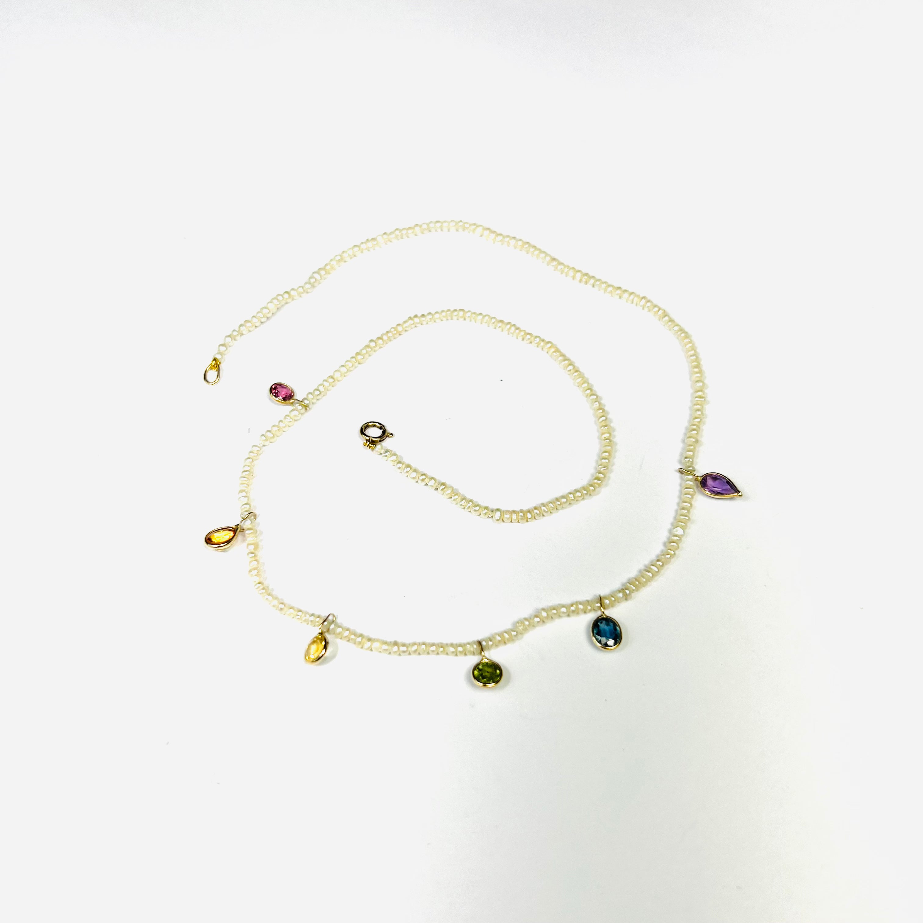 Seed Pearl Rainbow Sapphire Dangle Necklace 15.5"