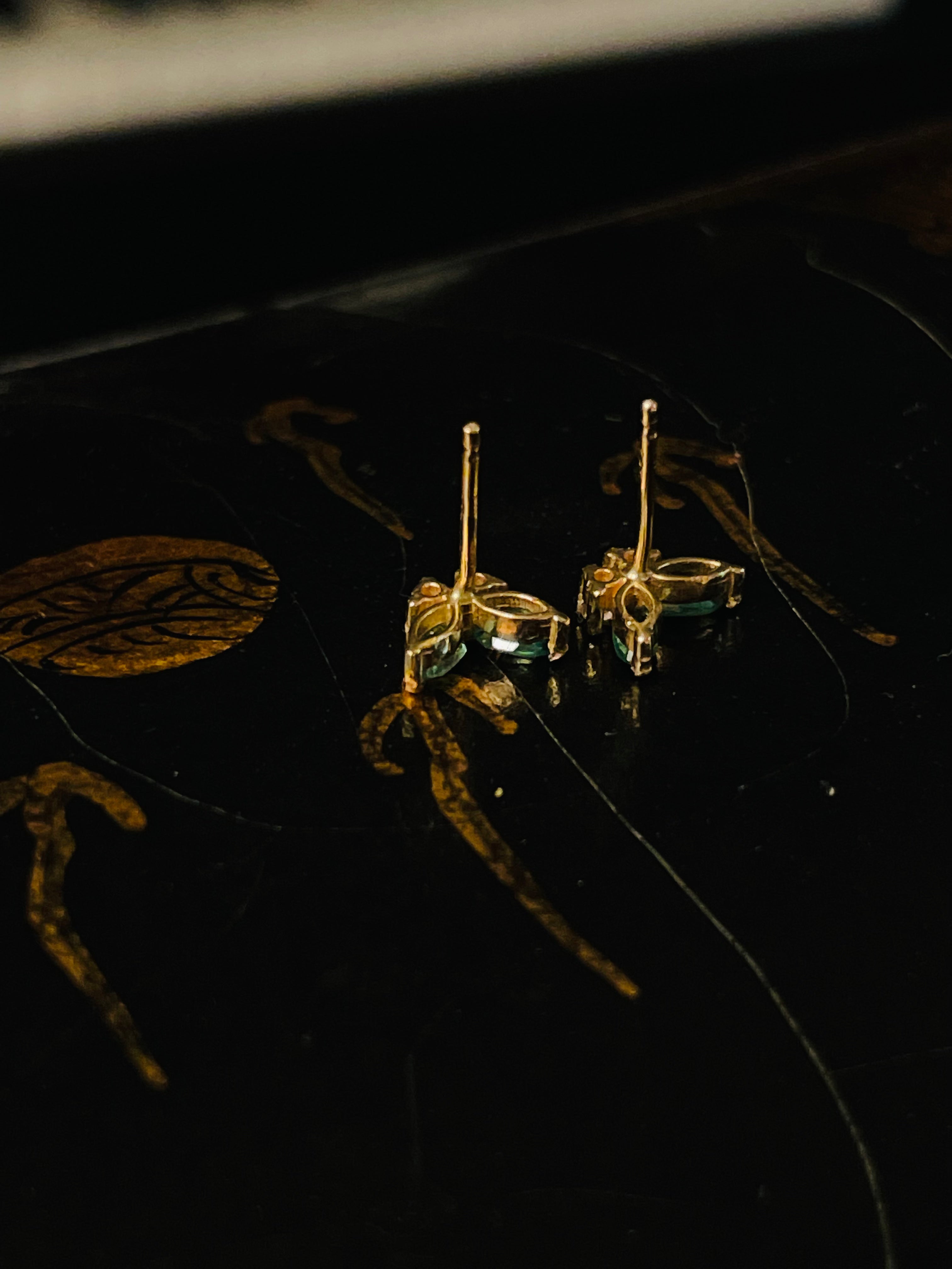 Natural Emerald and Diamond Solid 14K Yellow Gold Butterfly Stud Earrings