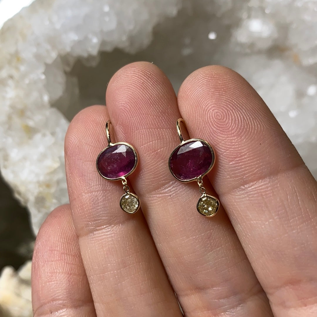 Oval Pink Tourmaline Yellow Cushion Diamond Solid 14K Yellow Gold Dangling Earrings