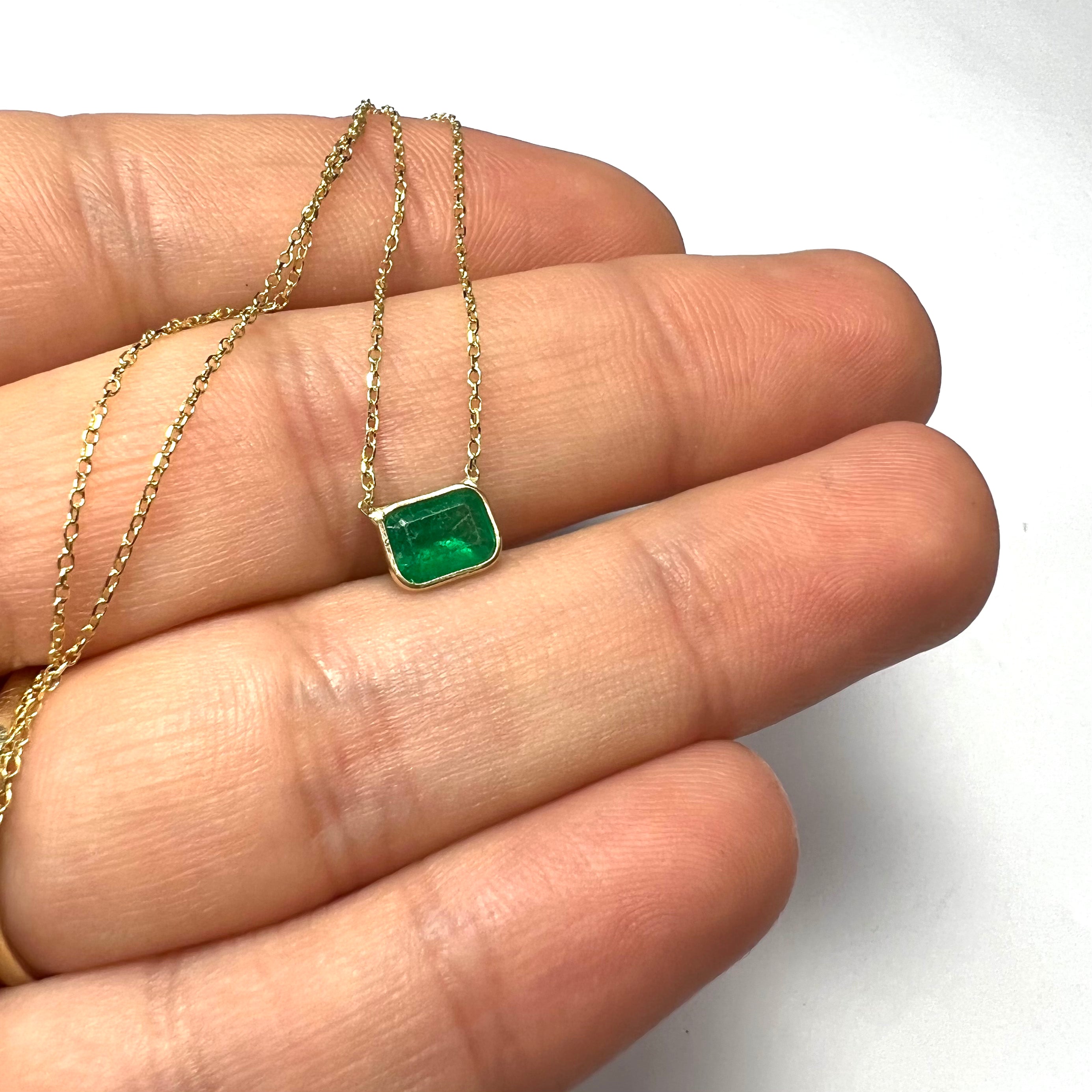 Gold Emerald & .05ct Diamond 18"-16" 14K Yellow Cable Chain Necklace