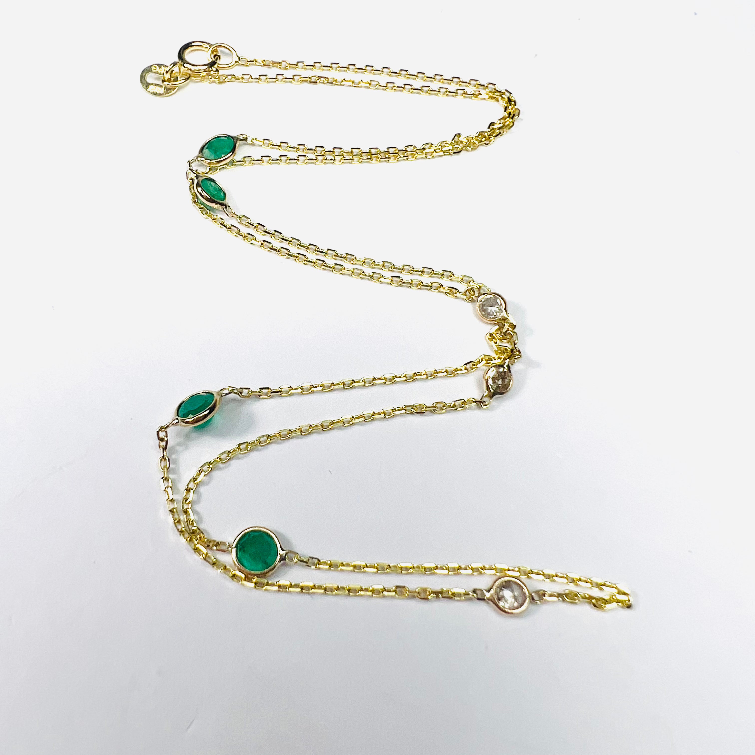 14K Yellow Gold 4 Emerald 3 Diamond by the Yard Necklace 16"