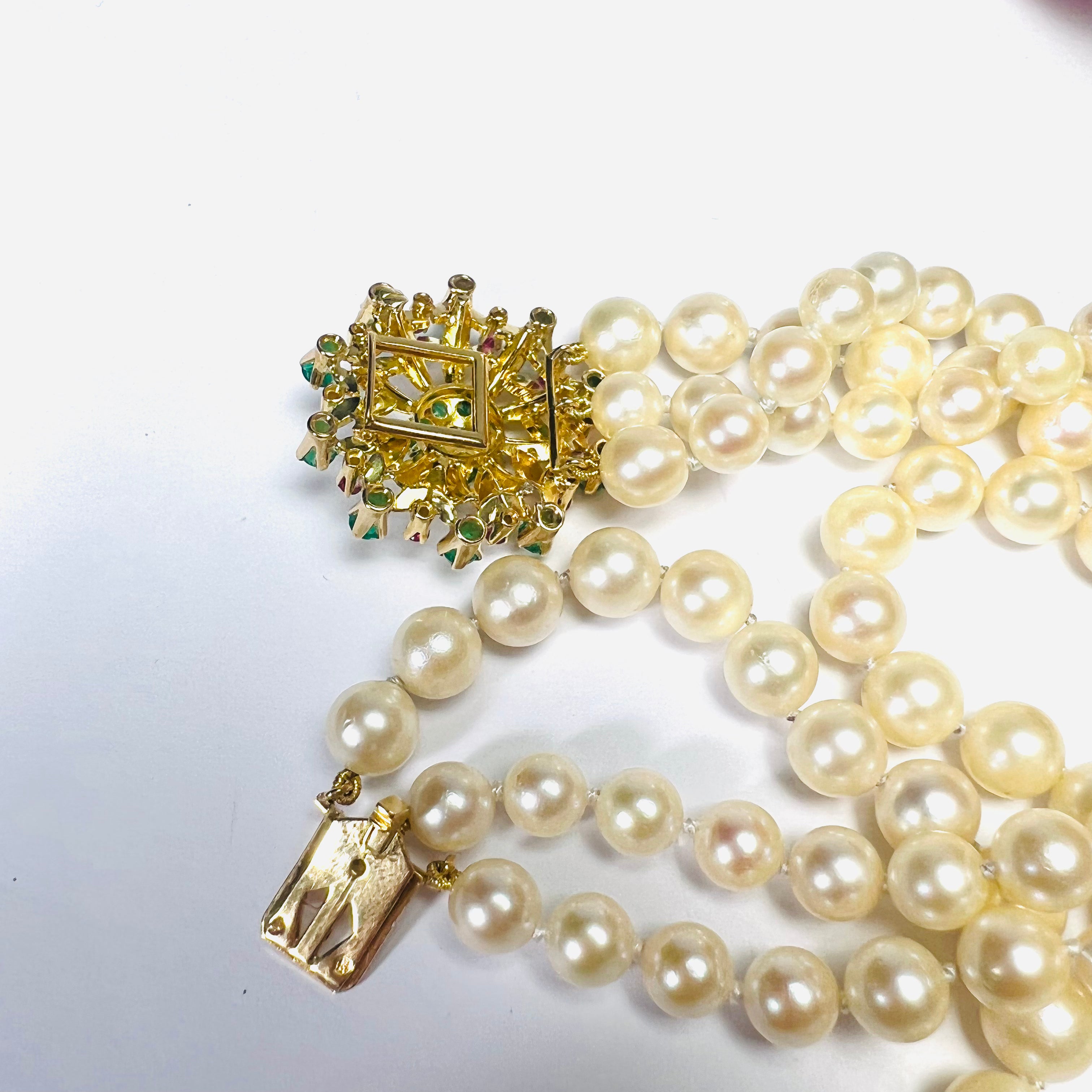 Pearls with Floral Emerald and Ruby 15" 14k Yellow Gold Necklace