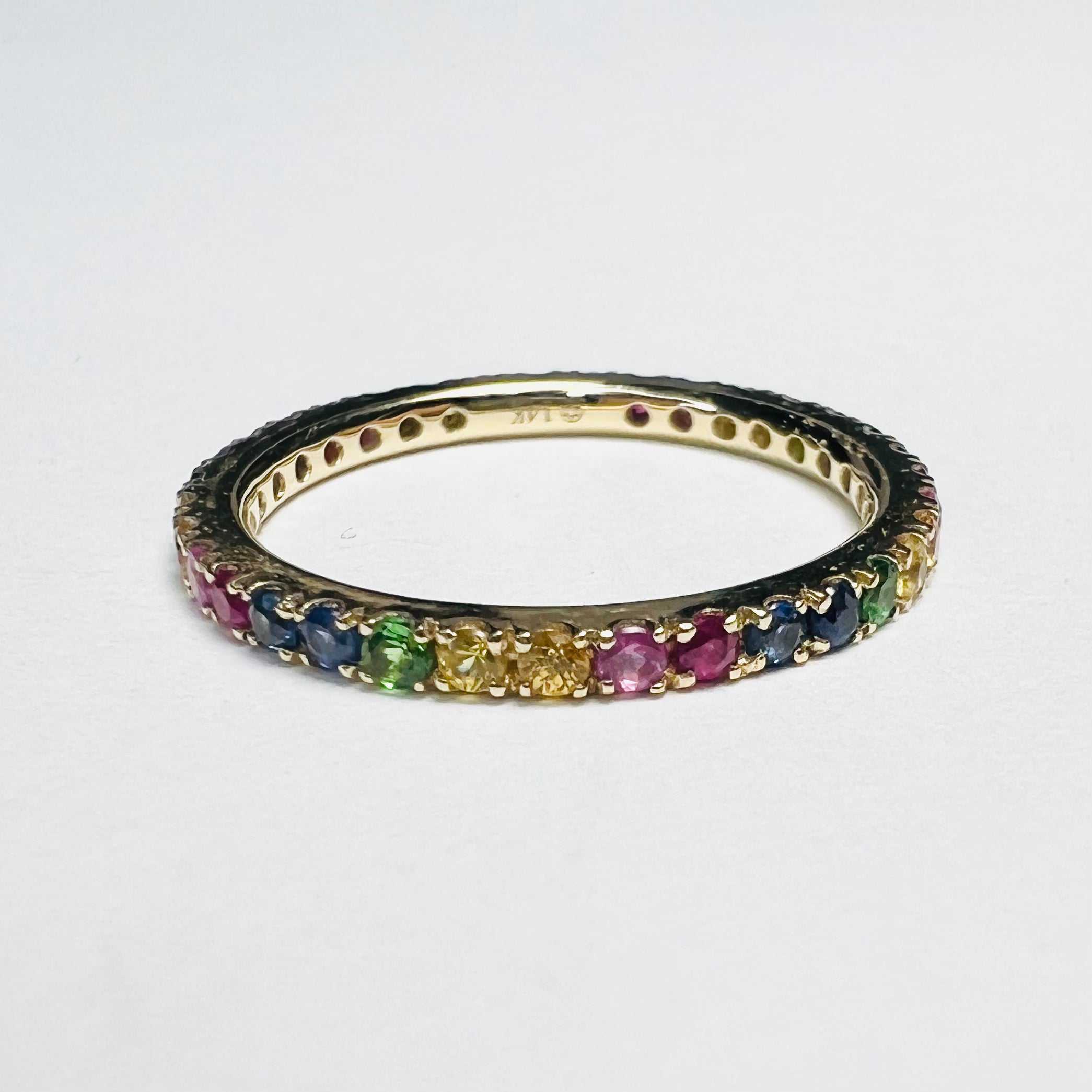 Solid 14K Yellow Gold Natural Rainbow Sapphire Eternity Ring Band Size 6.5