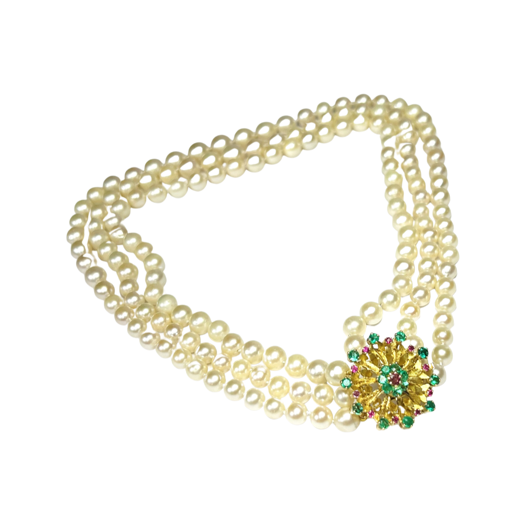 Pearls with Floral Emerald and Ruby 15" 14k Yellow Gold Necklace