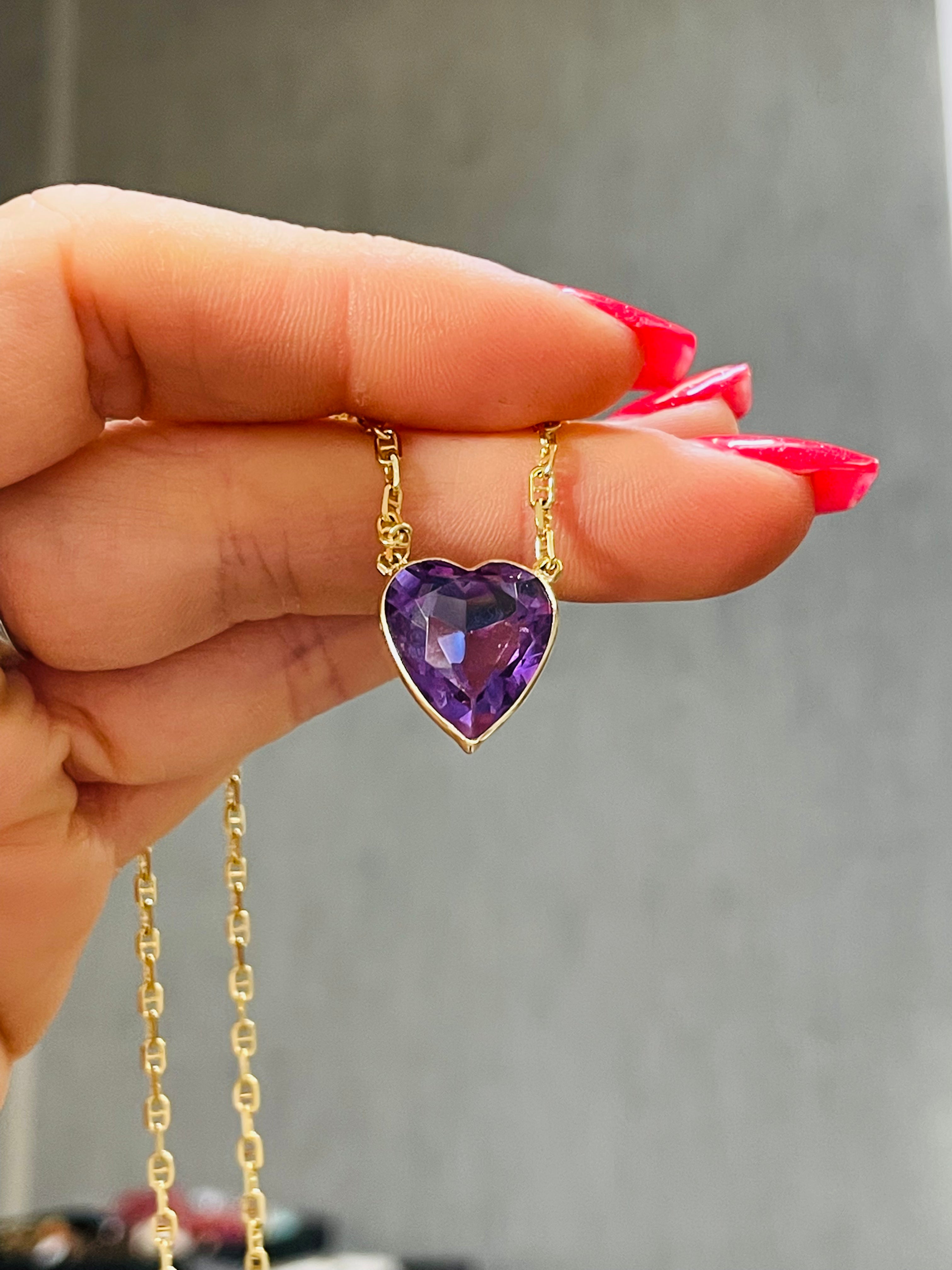 7CT Natural Amethyst Heart 14K Yellow Gold Necklace Anchor Link Chain Necklace