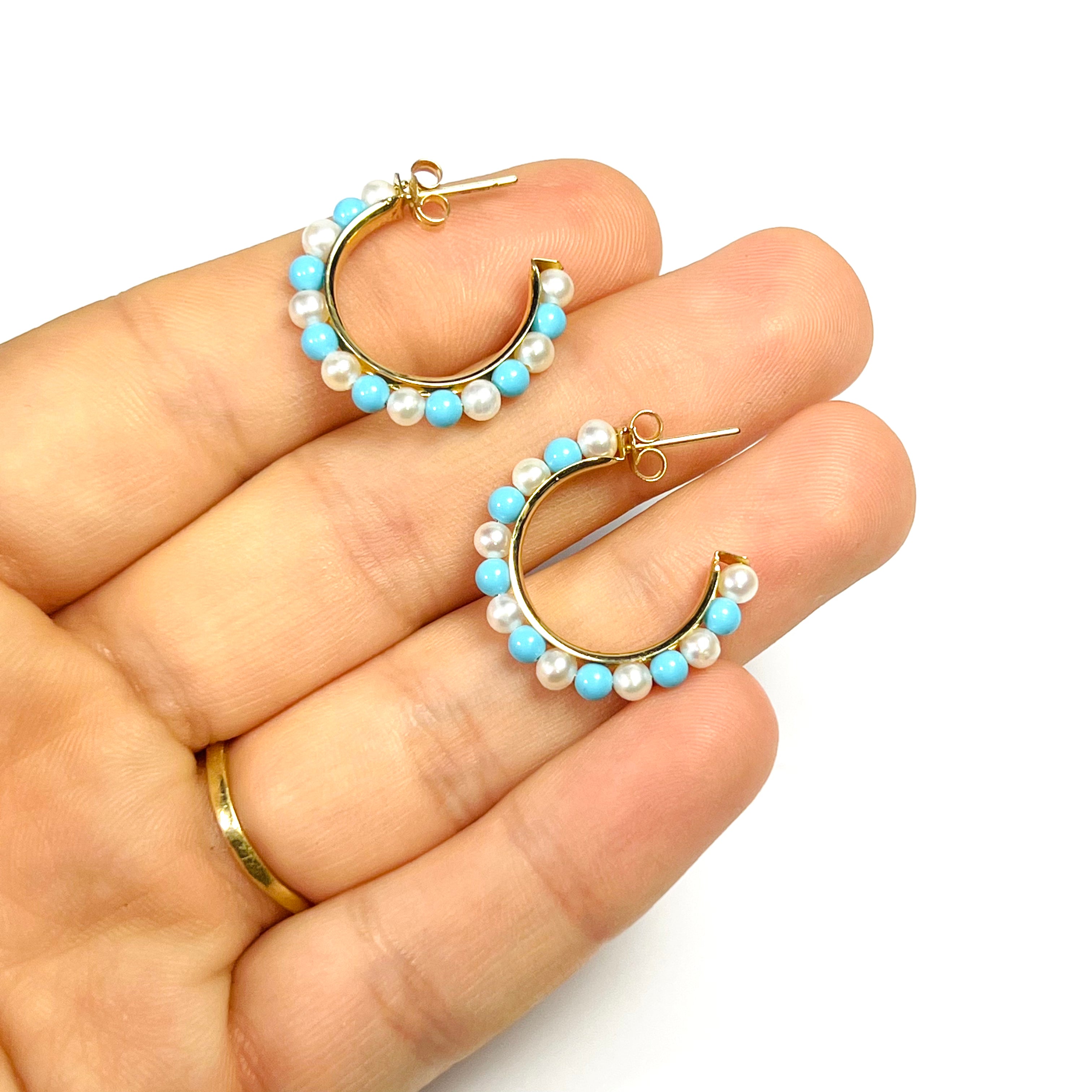 14K Yellow Gold Pearl & Turquoise Half Hoop Earring Studs .90"