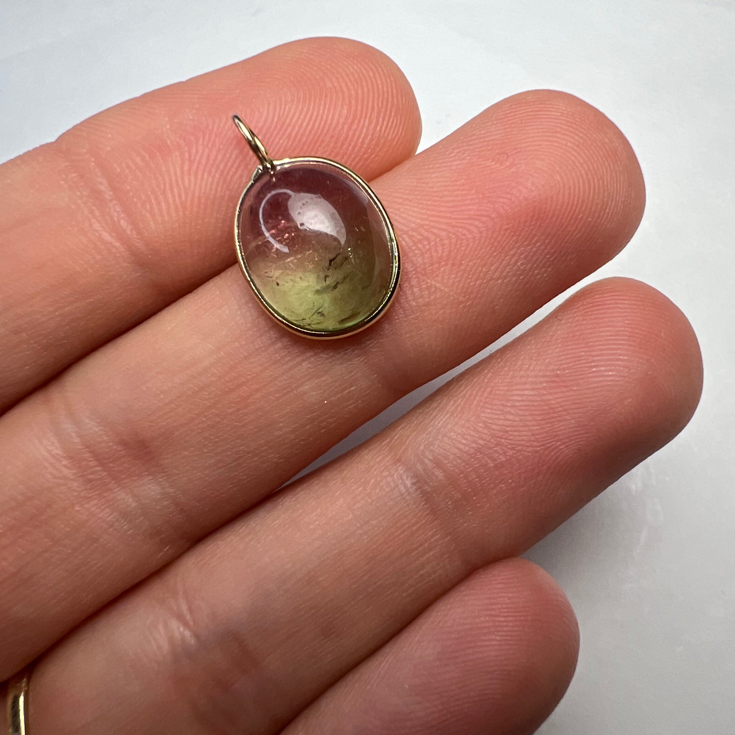 6.5CT Natural Light Watermelon Cabochon Tourmaline Solid 14K Yellow Gold Pendant Charm 17.5x11mm