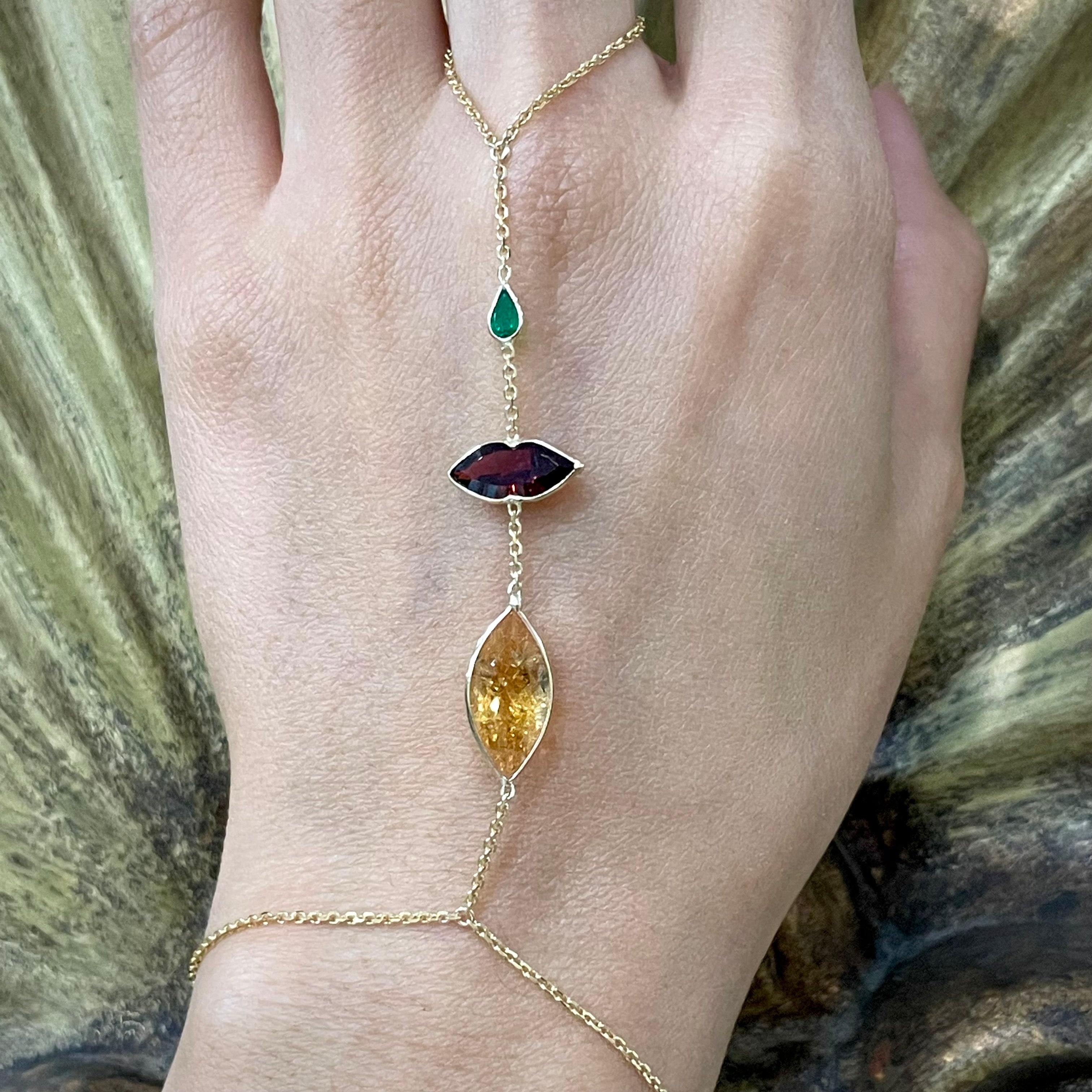 Lip Garnet HandChain in solid 14k Yellow Gold