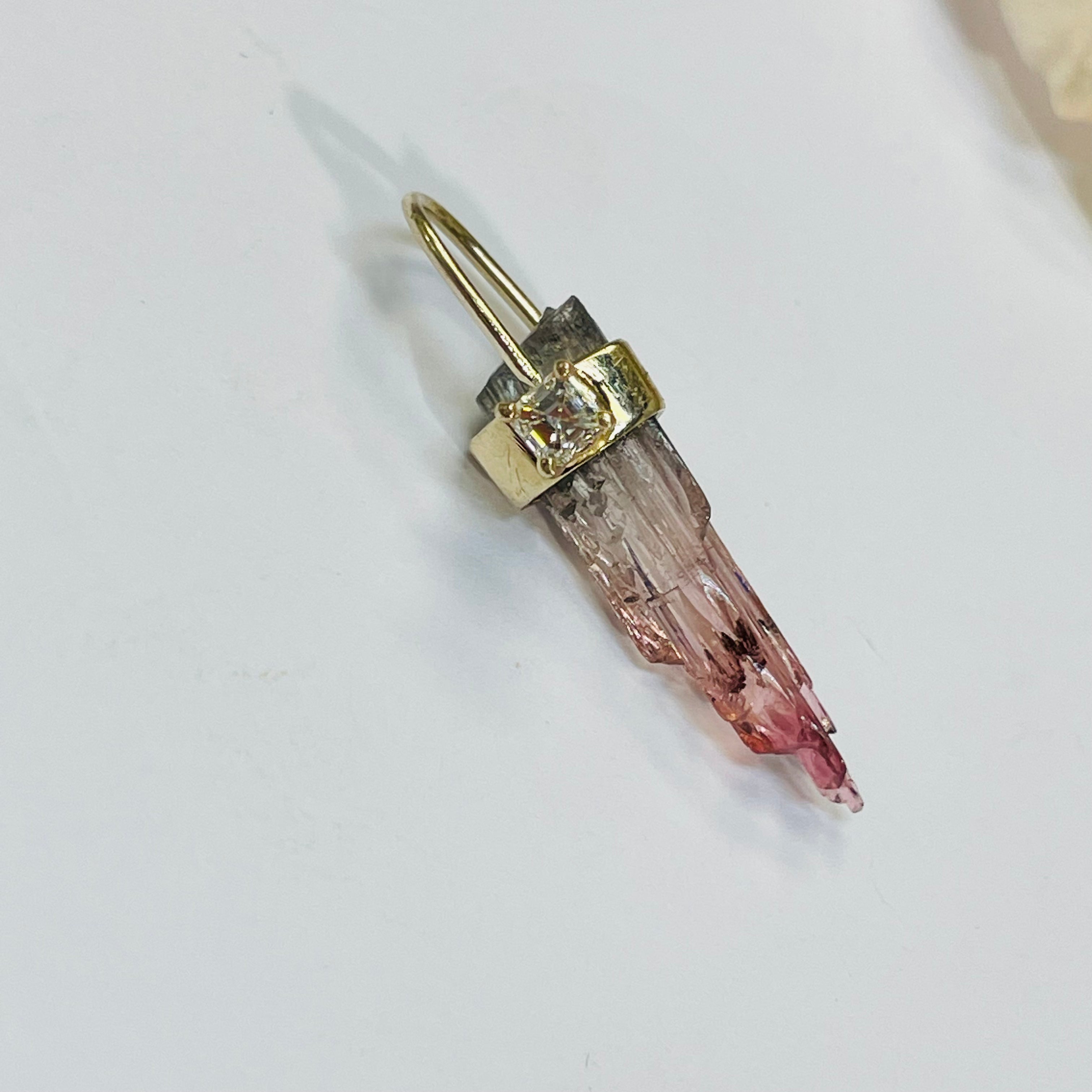 Rough Pink Tourmaline and Diamond 14K Yellow Gold Amulet