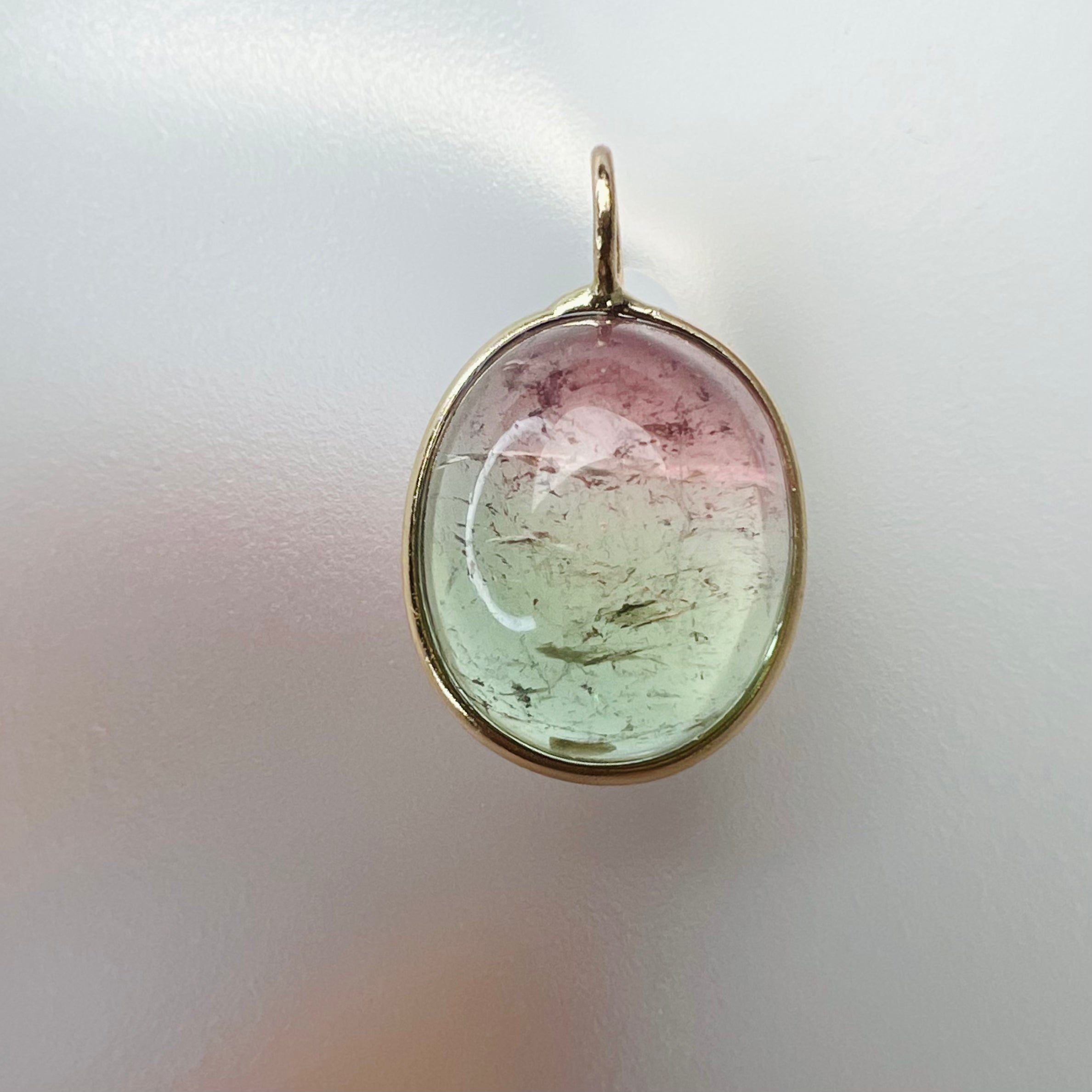 6.5CT Natural Light Watermelon Cabochon Tourmaline Solid 14K Yellow Gold Pendant Charm 17.5x11mm