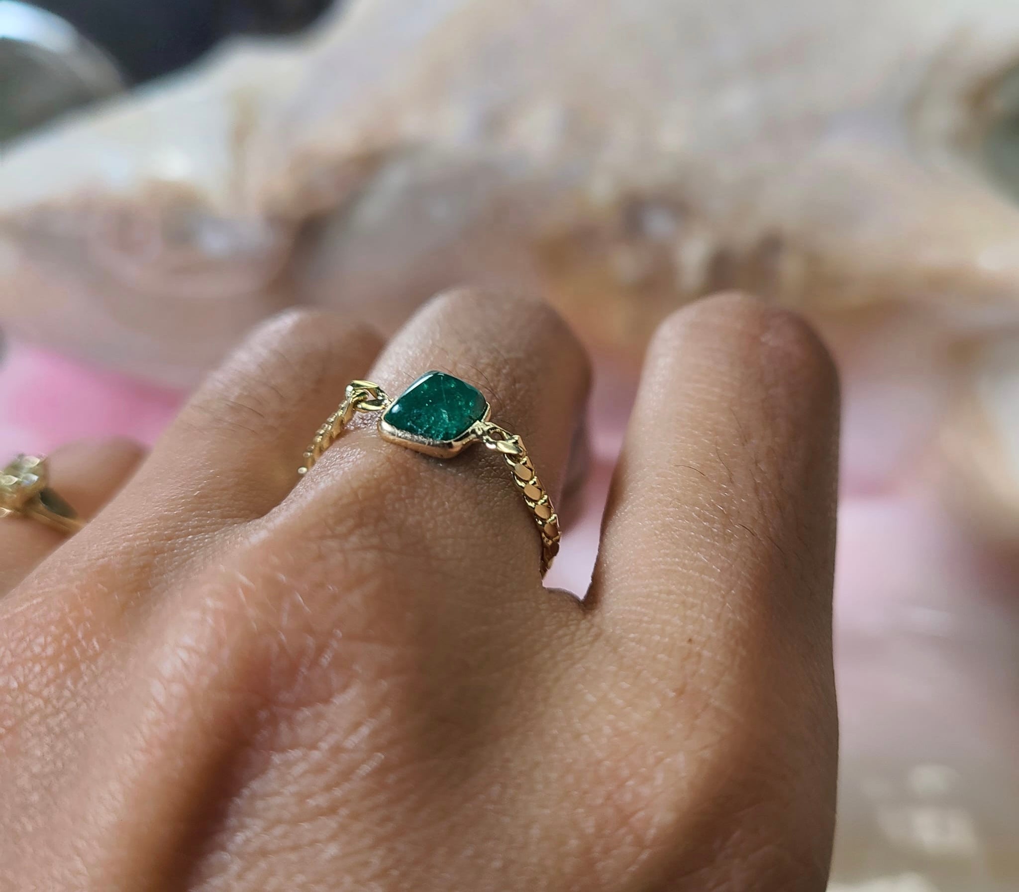 Solid 14K Yellow Gold Square Cabochon Emerald Cuban Chain Ring Size 7.5