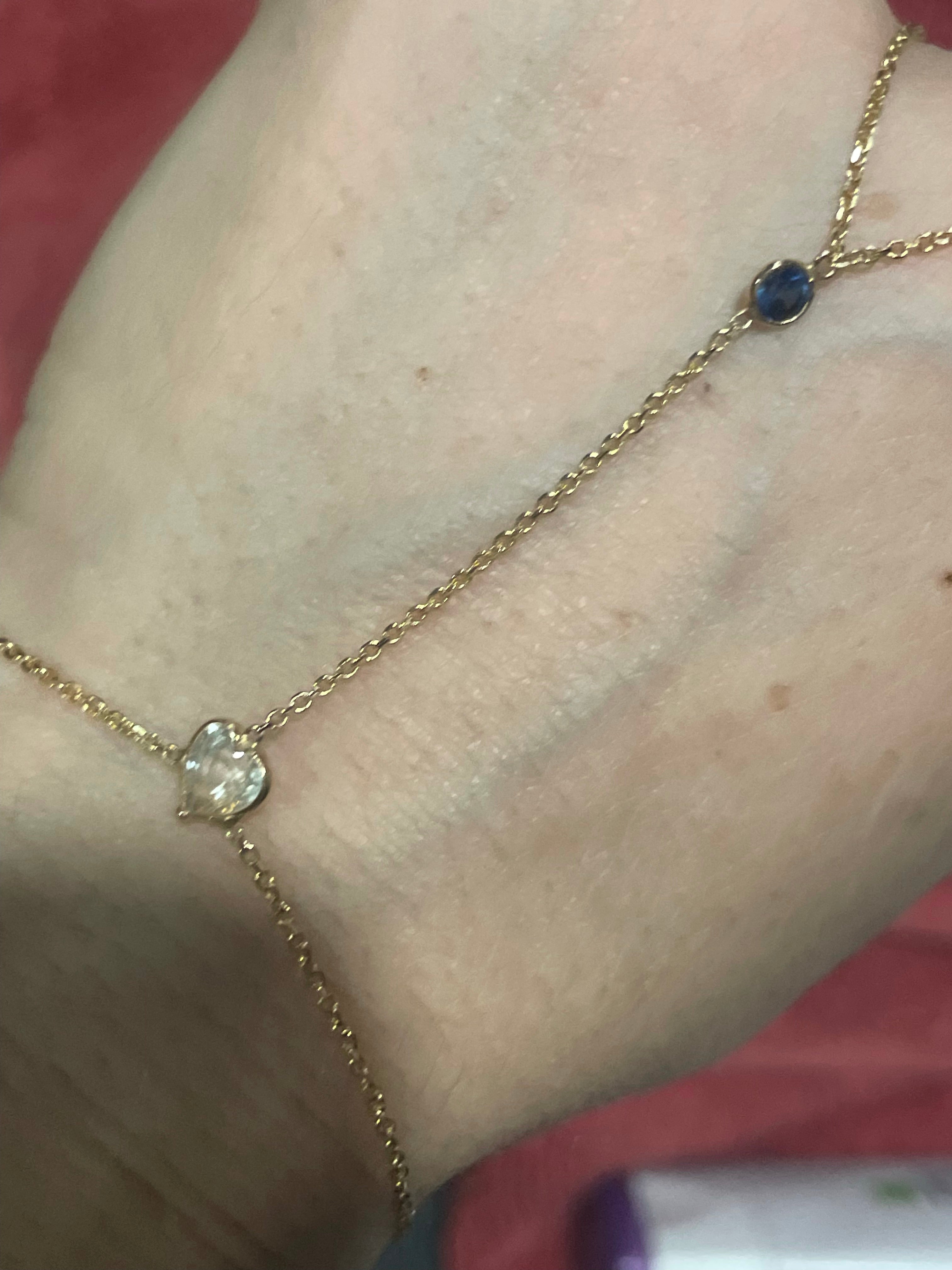 White And Blue Sapphire Heart Hand Chain Solid 14k Yellow Gold
