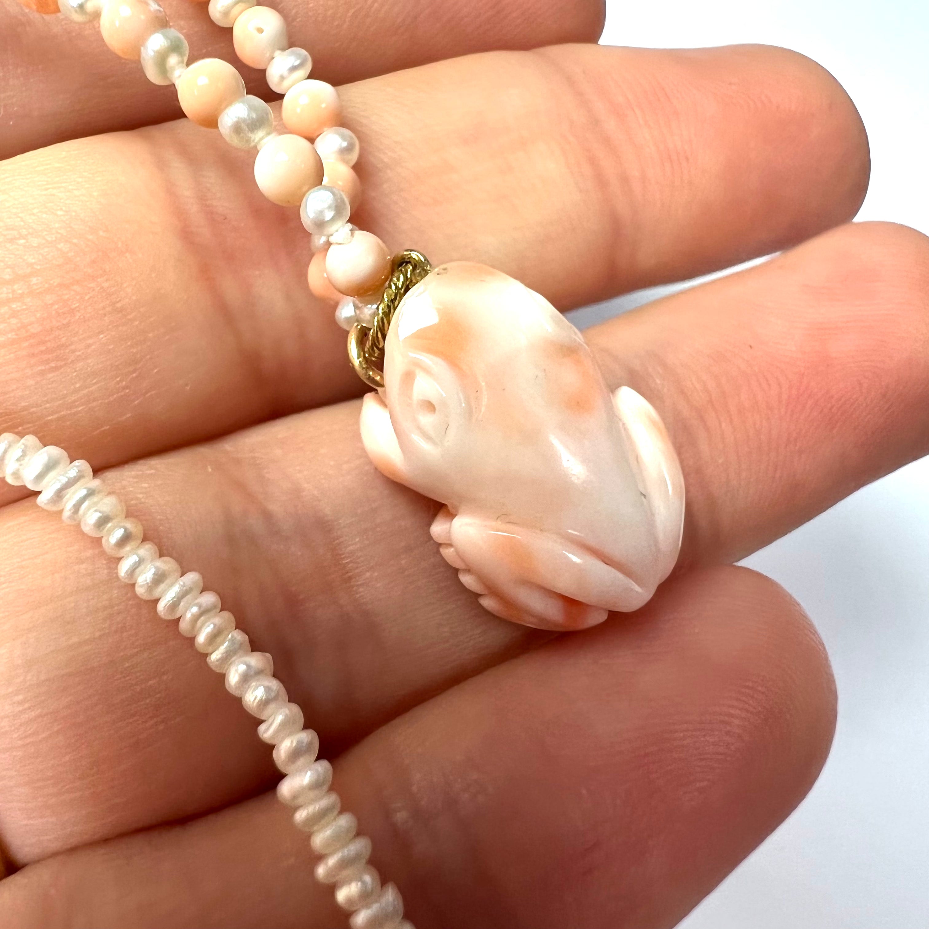 16" 14K Yellow Gold Frog Carved Natural Coral on Seed Pearl Necklace