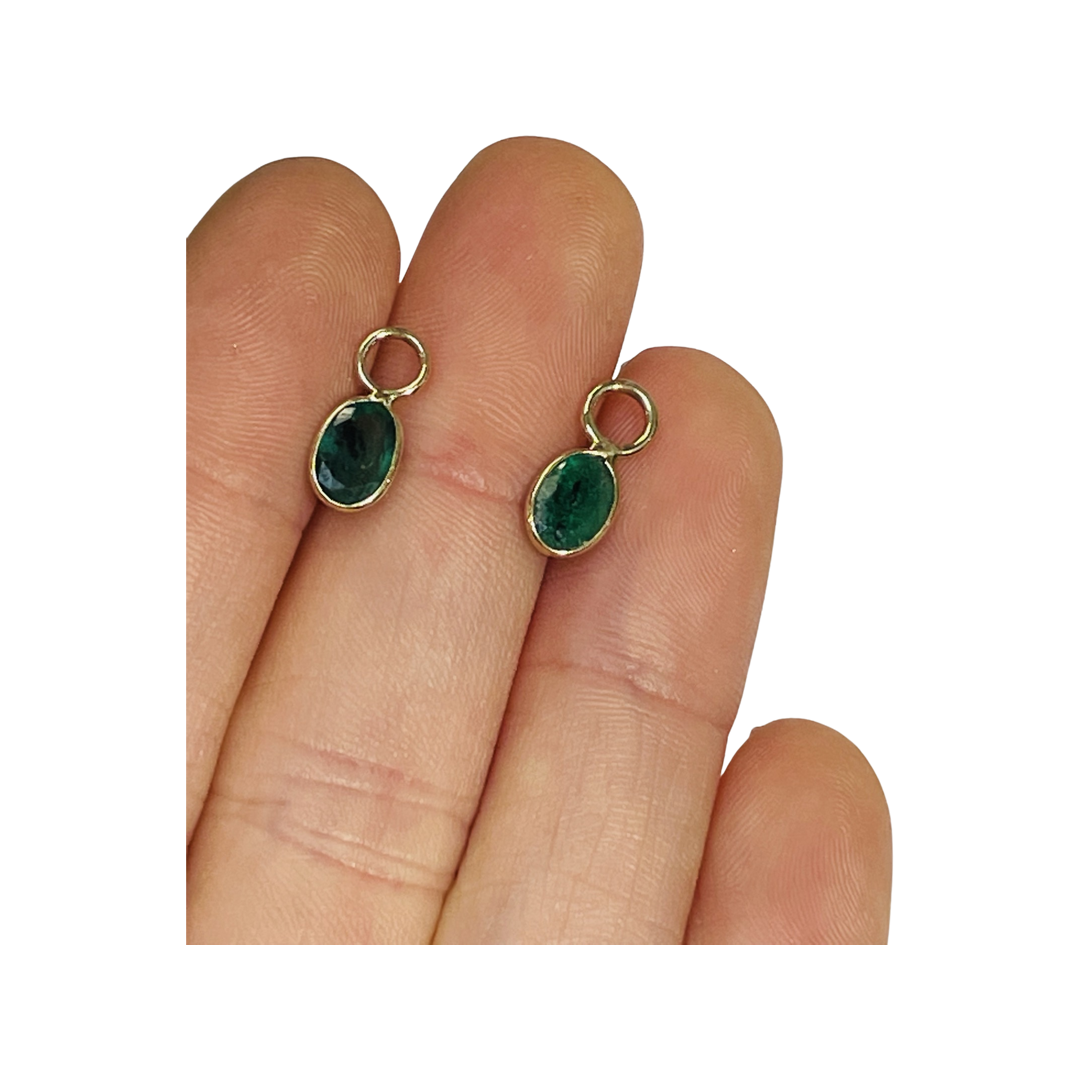 14K Yellow Gold Oval Emerald Earring Charm Pair