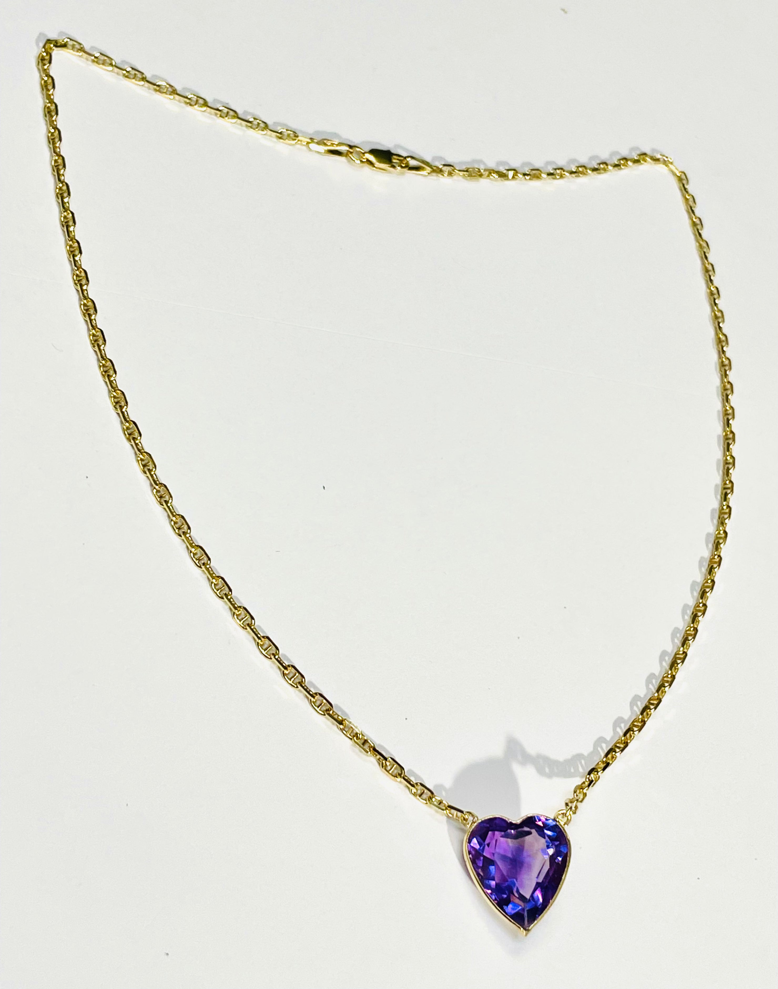 7CT Natural Amethyst Heart 14K Yellow Gold Necklace Anchor Link Chain Necklace