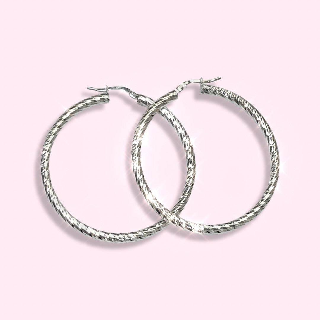 1.75” 3mm 10K White Gold Diamond Cut Round Hoop Earrings