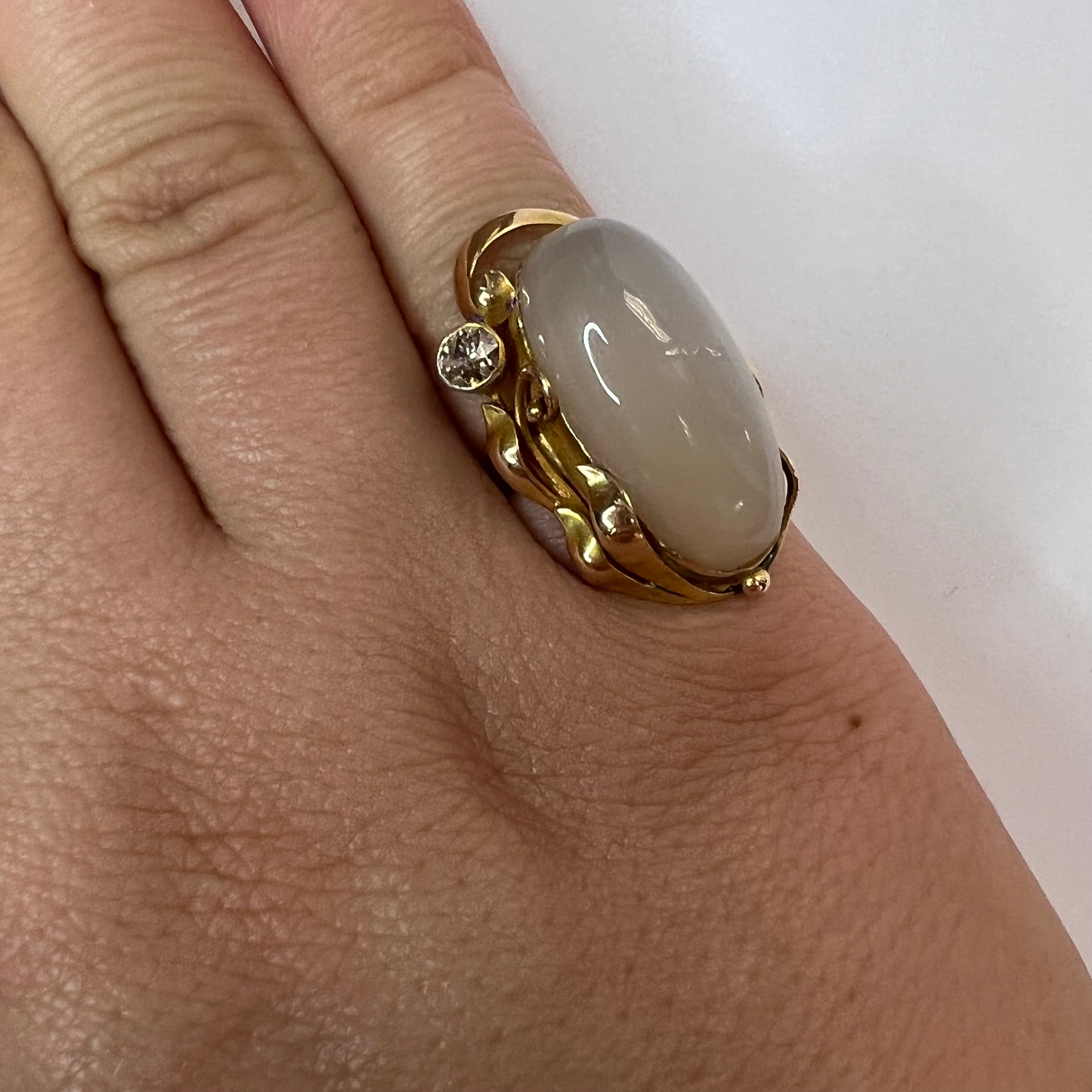 Solid 14K Yellow Gold Antique Moonstone and Diamond Long Ring Size 4.75