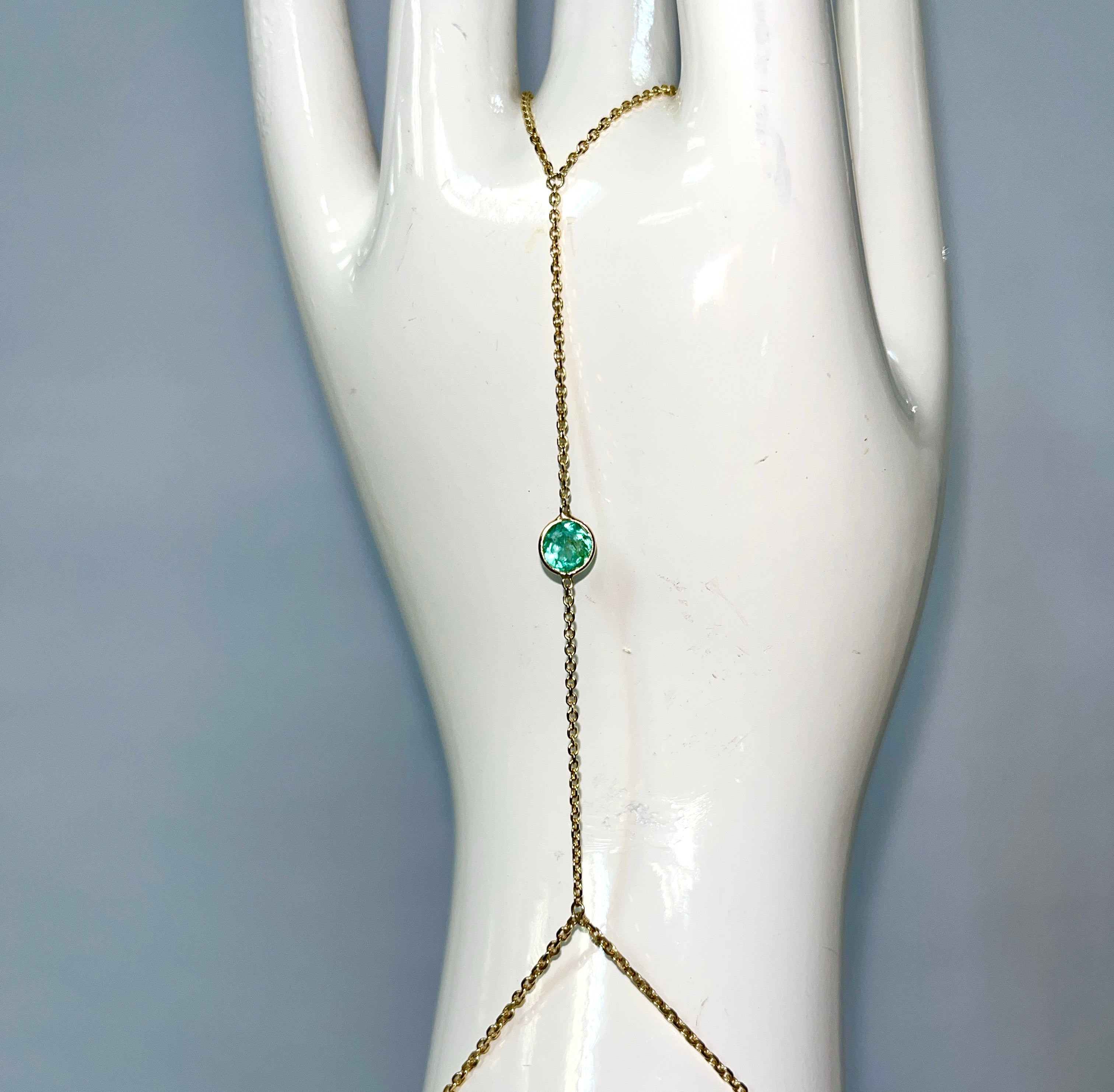 Round Colombian Emerald Handchain 14k Yellow Gold