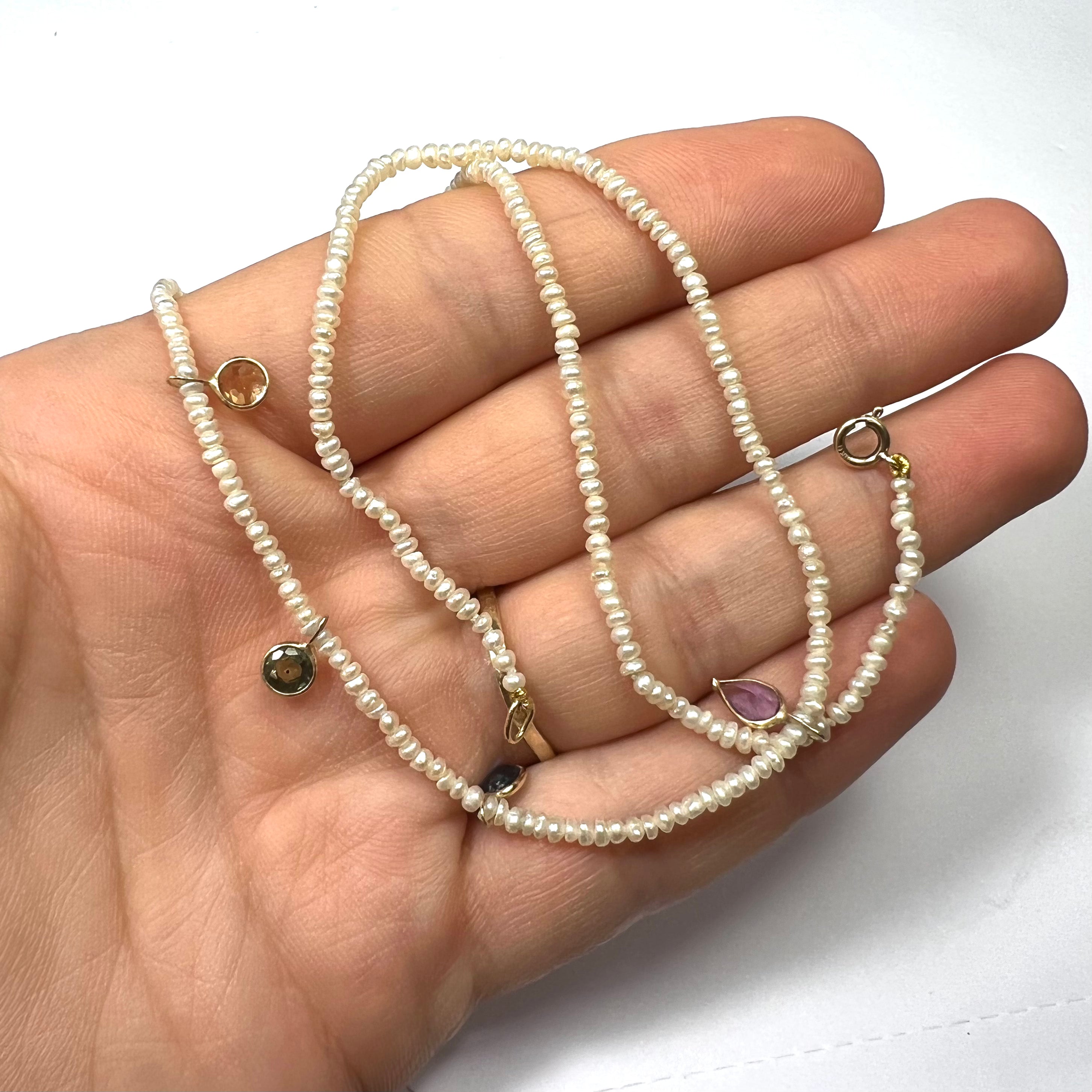 Seed Pearl Rainbow Sapphire Dangle Necklace 15.5"