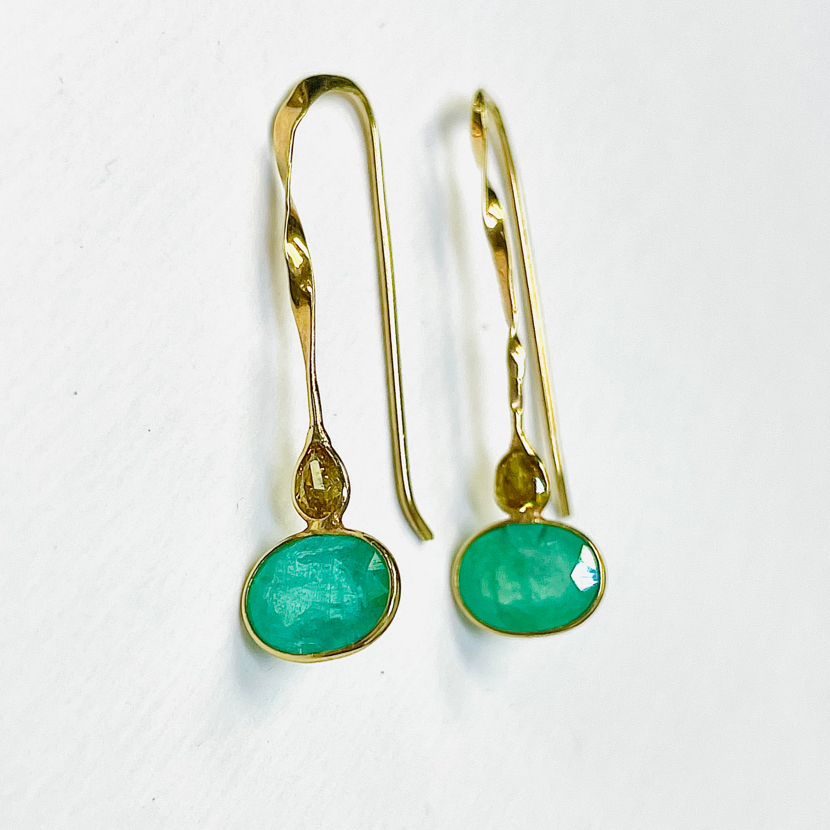2.3CTEmerald and .24CT Yellow Diamond Twisted 14K Yellow Gold Drop Down Earrings