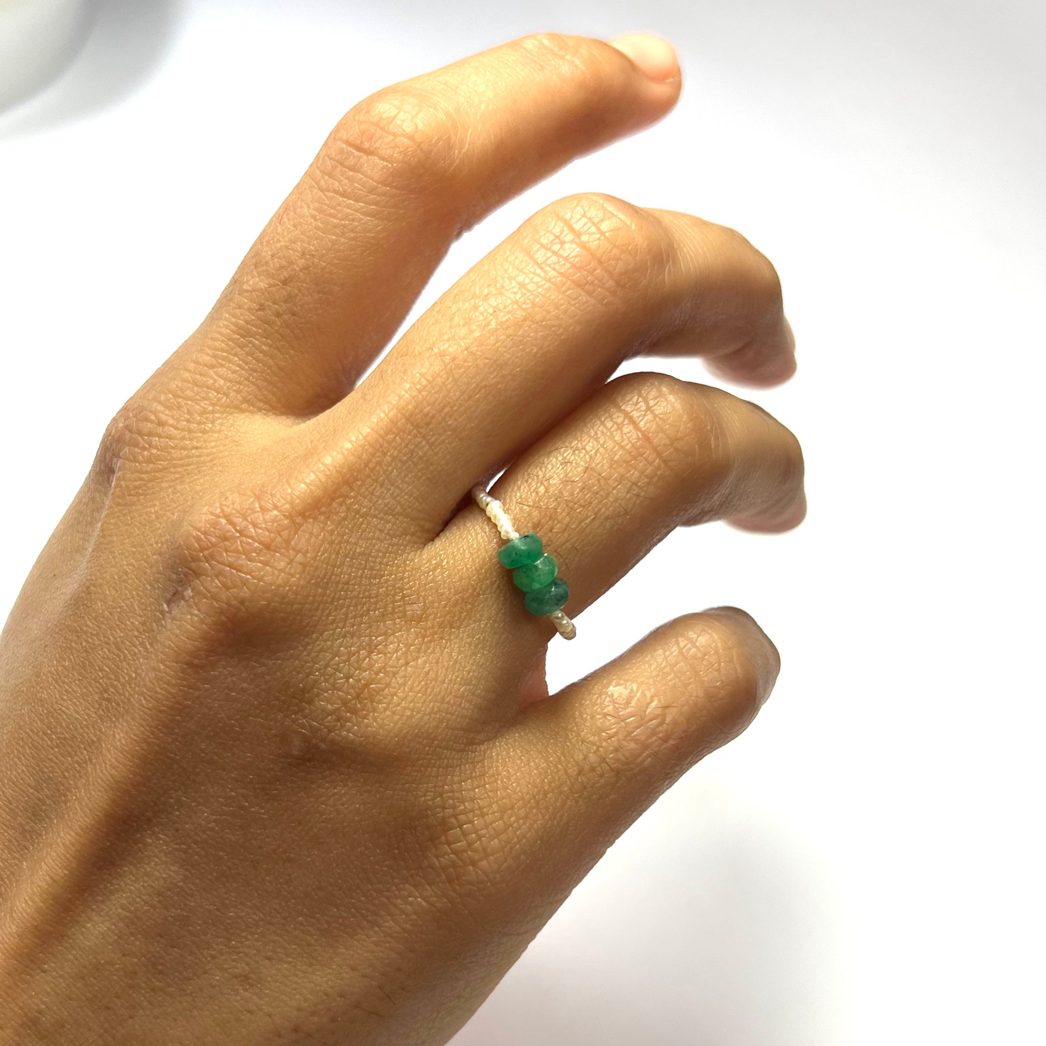Natural Seed Pearl Eternity Rough Emerald Bead Ring Size 5