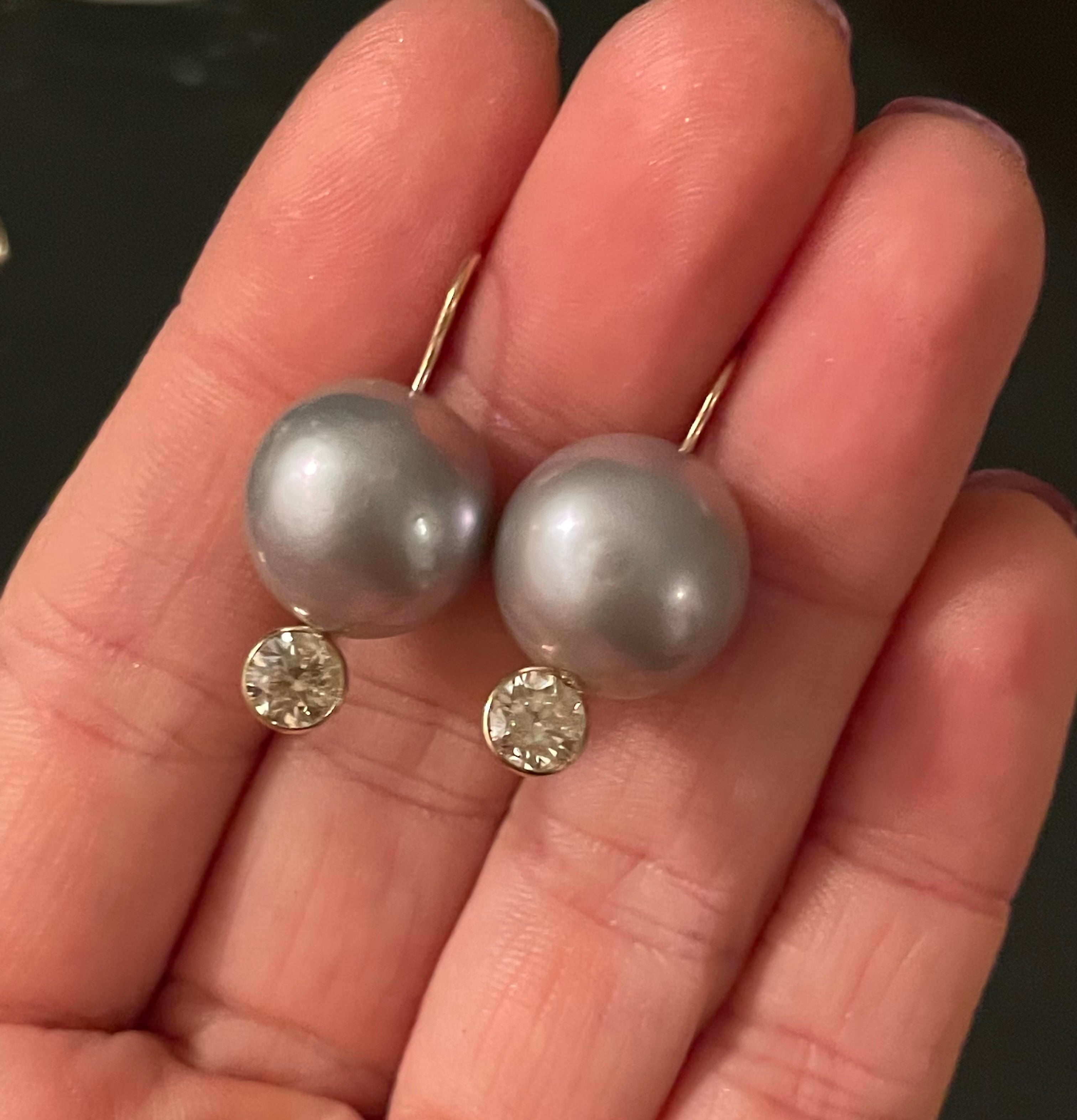Stunning!14mm Freshwater Pearl and 1CTW Diamond 14K Gold Earrings